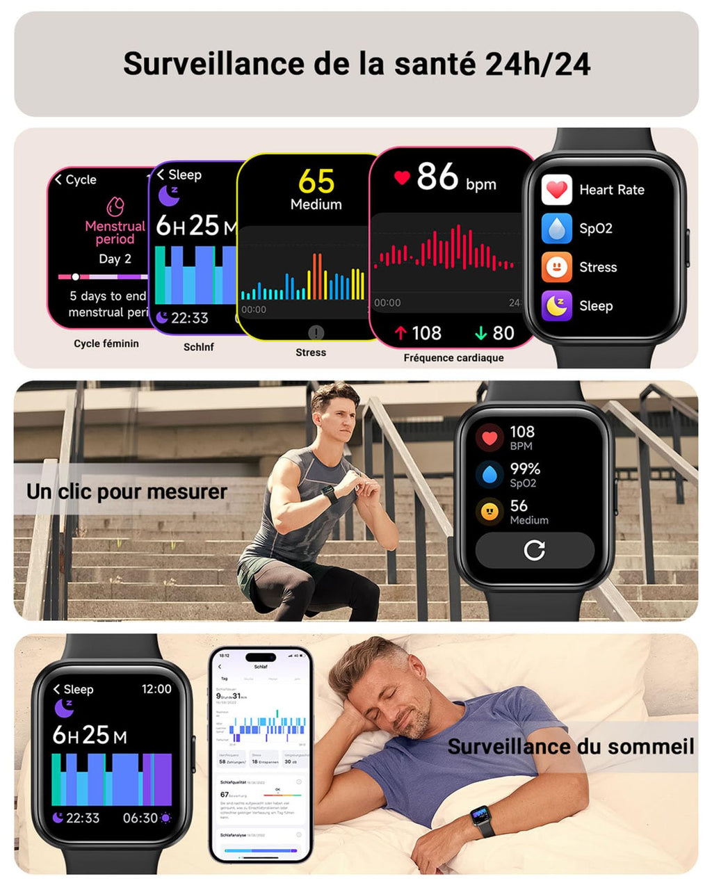 Montre connectée homme femme 1,85" Alexa — 100+ modes sport, SpO2, 3ATM