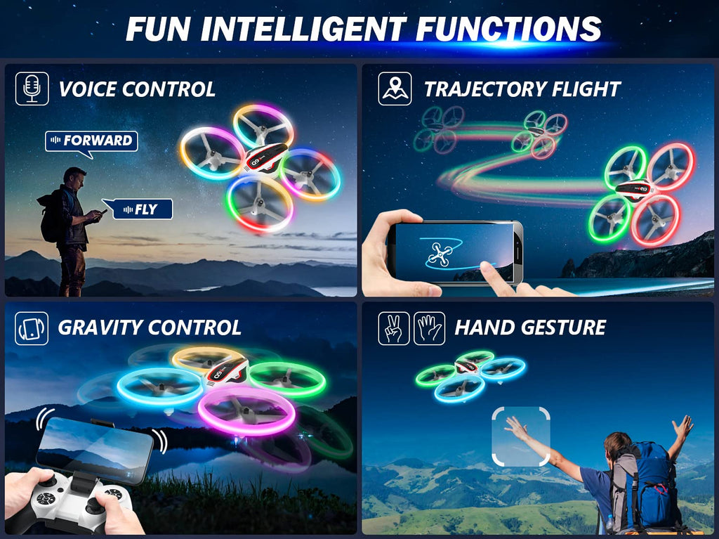 Drone caméra HD LED — maintien d'altitude, mode sans tête, 2 batteries