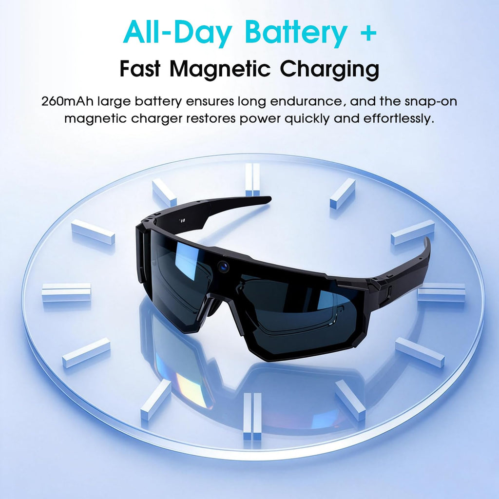 Lunettes connectées caméra HD 1200P — écran shield, enregistrement stabilisé