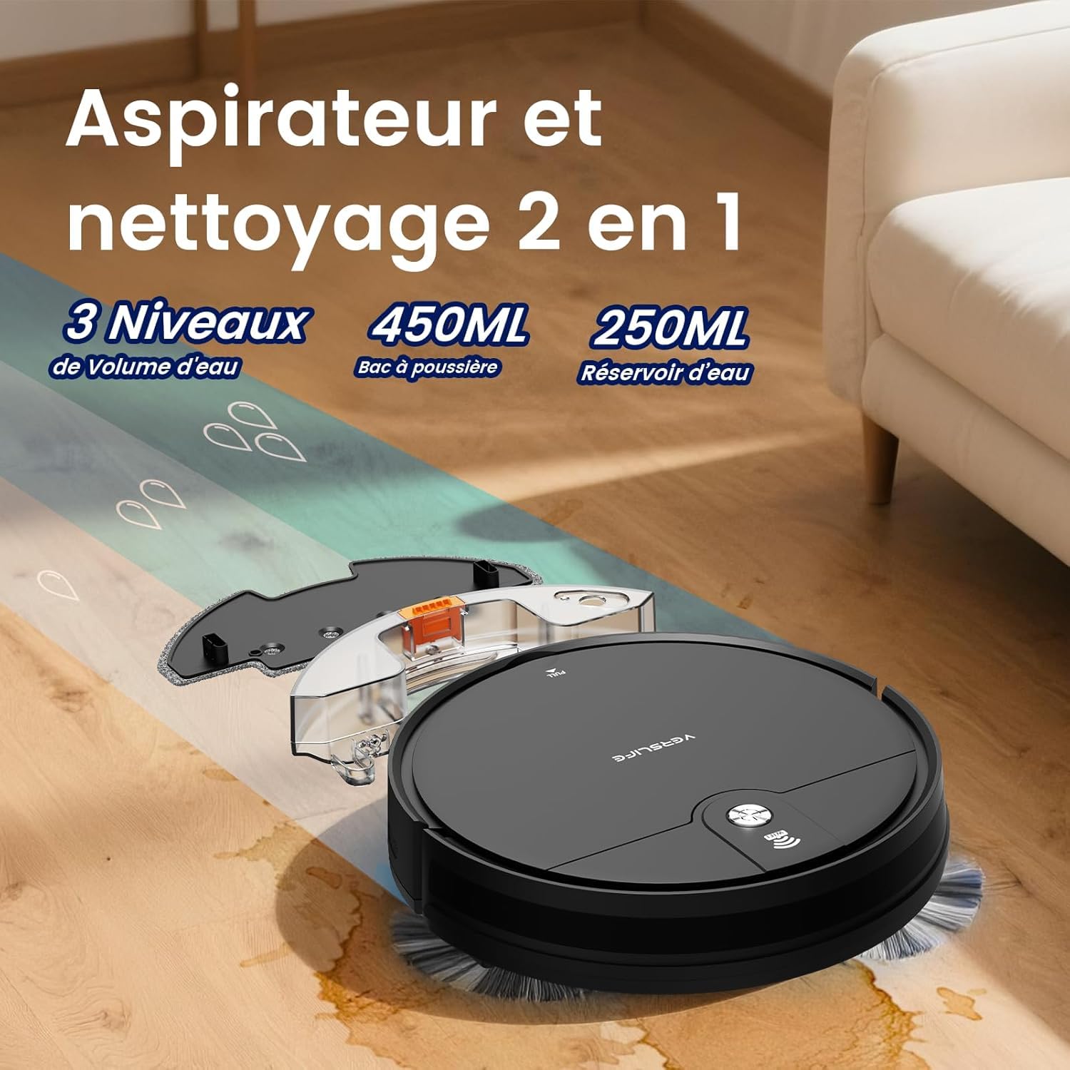 Robot aspirateur laveur 2 en 1 4000Pa 120min navigation obstacle fin