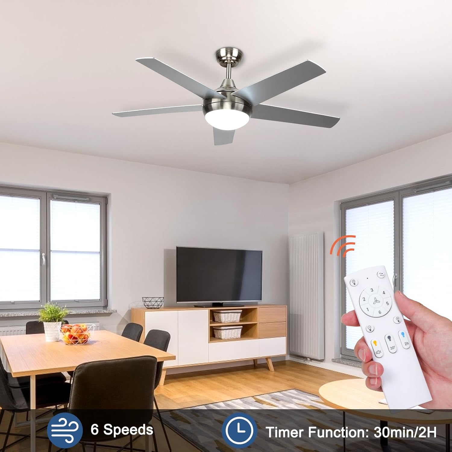 Ventilateur de plafond 132 cm silencieux LED — télécommande, minuterie — vue 4