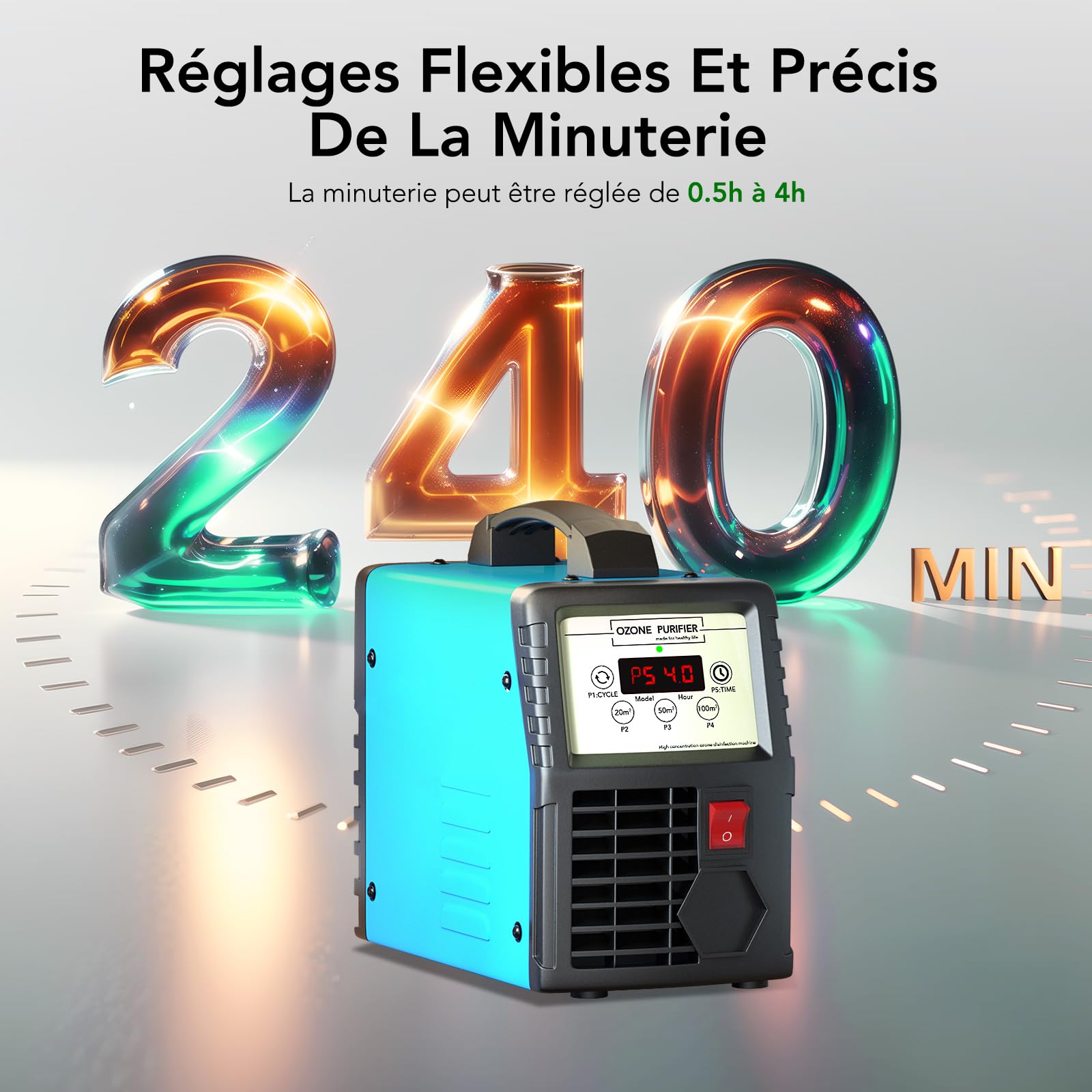 Générateur d'ozone maison jusqu'à 300 m² — modes intelligents, minuterie et cycle automatique