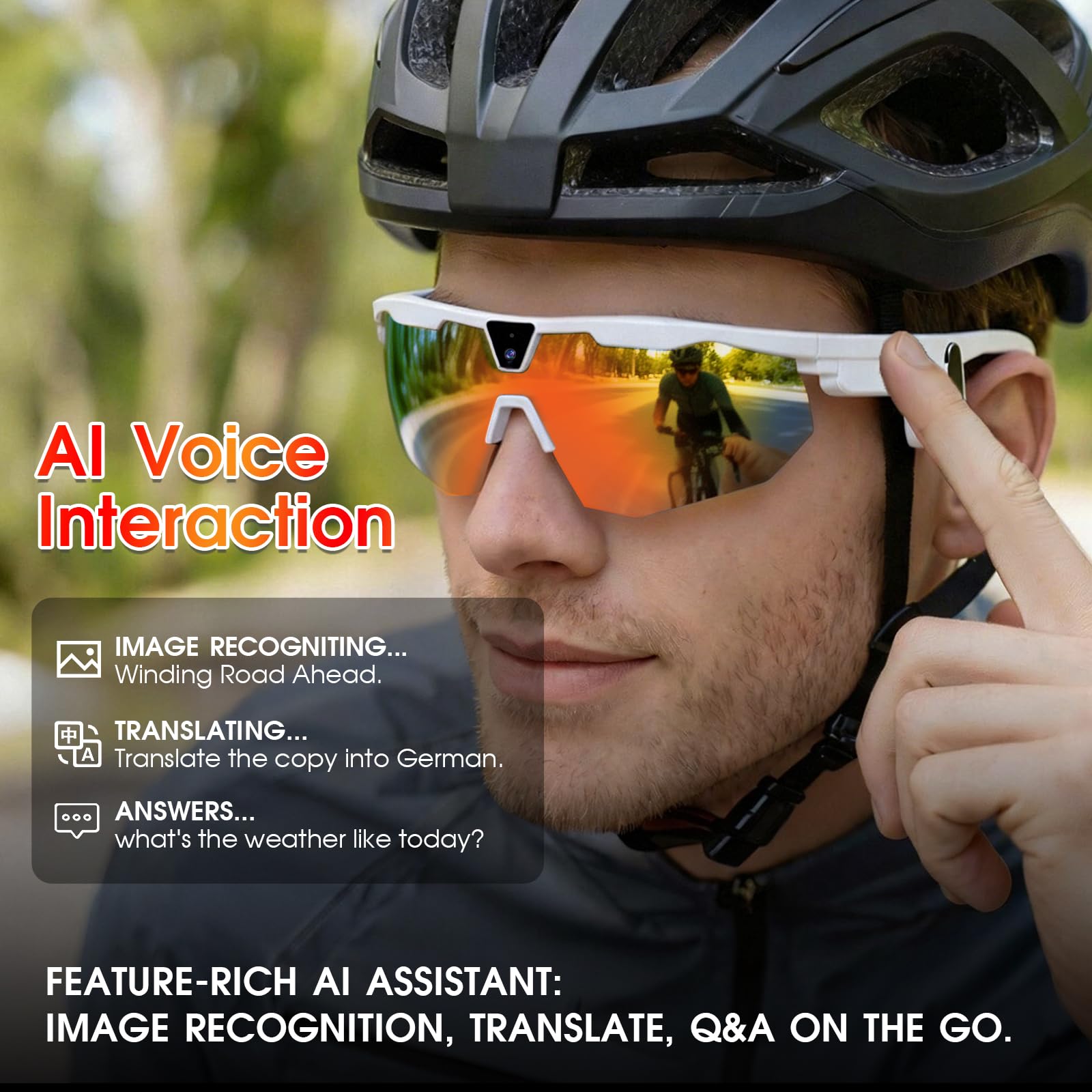 Lunettes connectées sport caméra HD — monture blanche, verres miroir