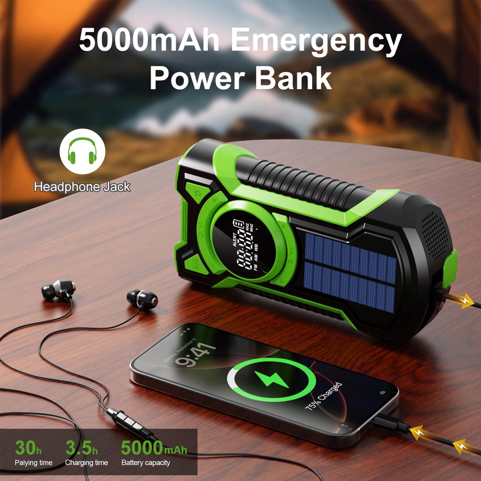 Radio portable AM/FM d'urgence — enceinte Bluetooth, solaire/dynamo/USB, lampe et SOS