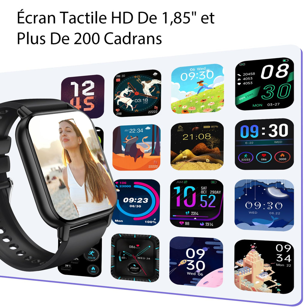 Montre connectée homme femme 1,85 pouces HD appel Bluetooth suivi sommeil