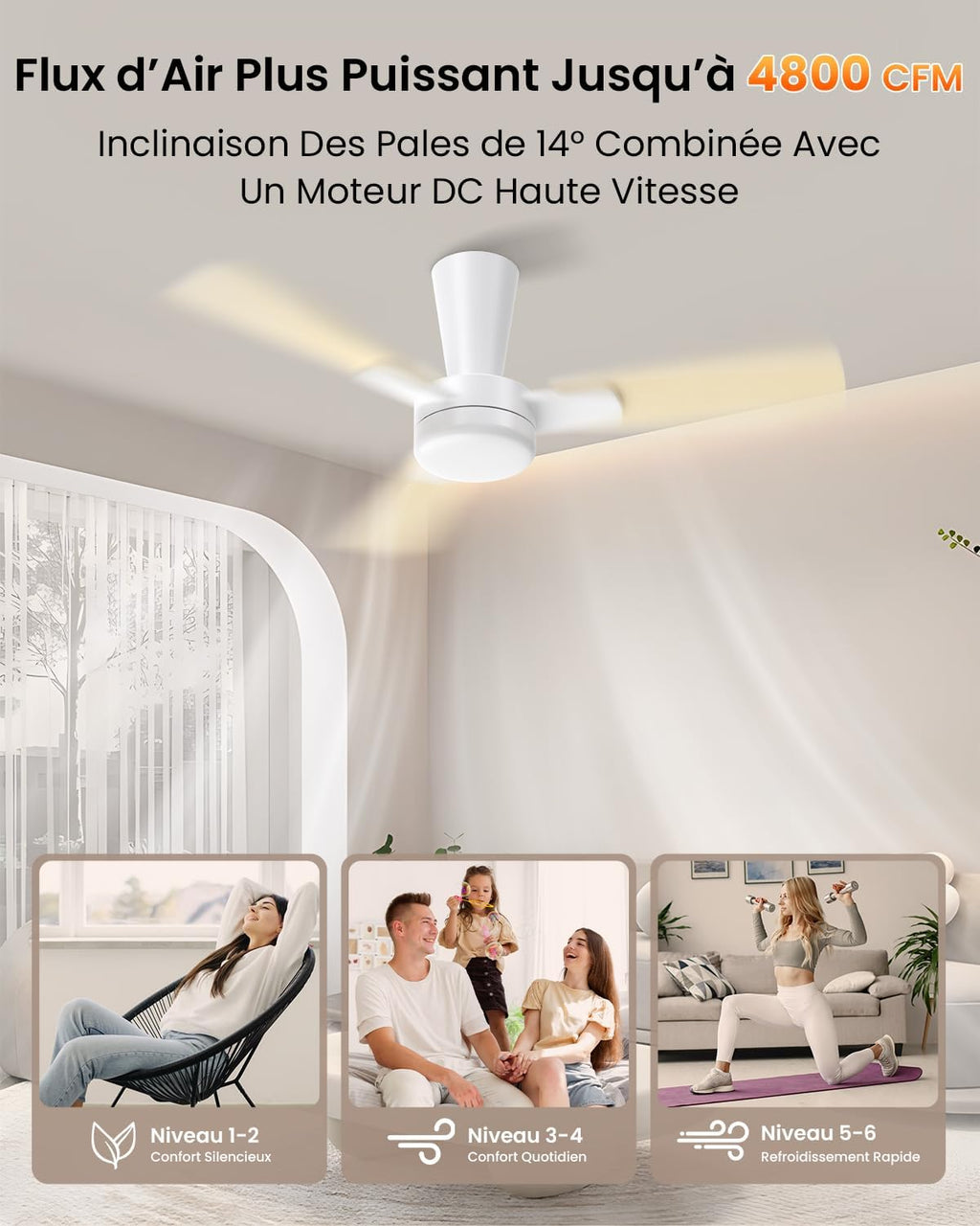 Ventilateur de plafond 106 cm avec lumière — pales clic sans outil — vue 3
