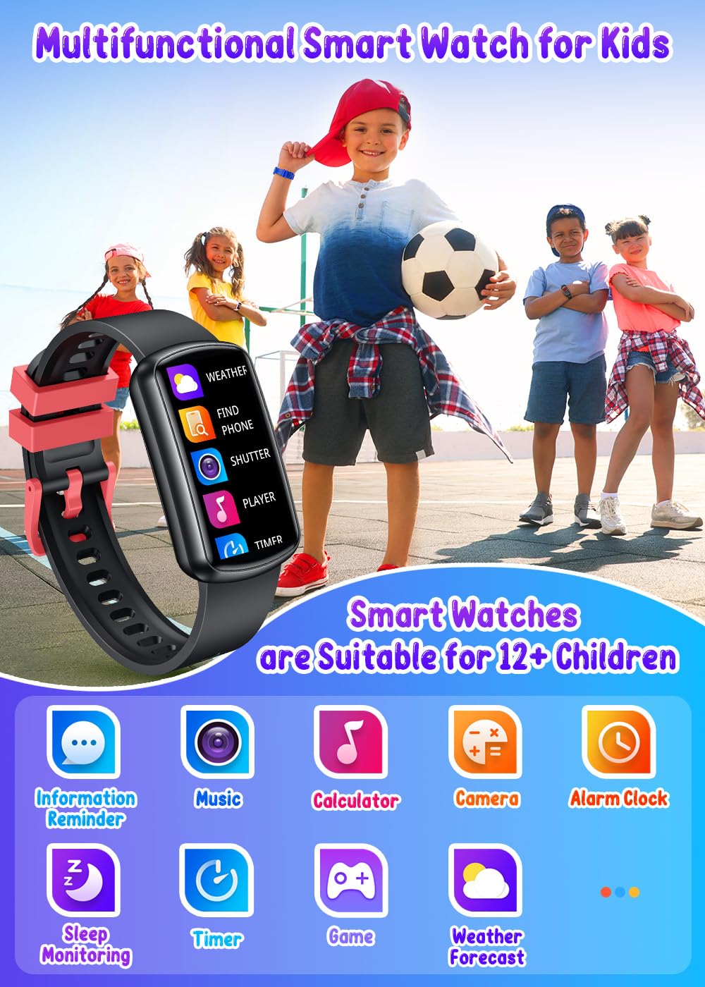 Montre connectée enfant sport 1,47" — podomètre, sommeil, rappels (fille garçon)