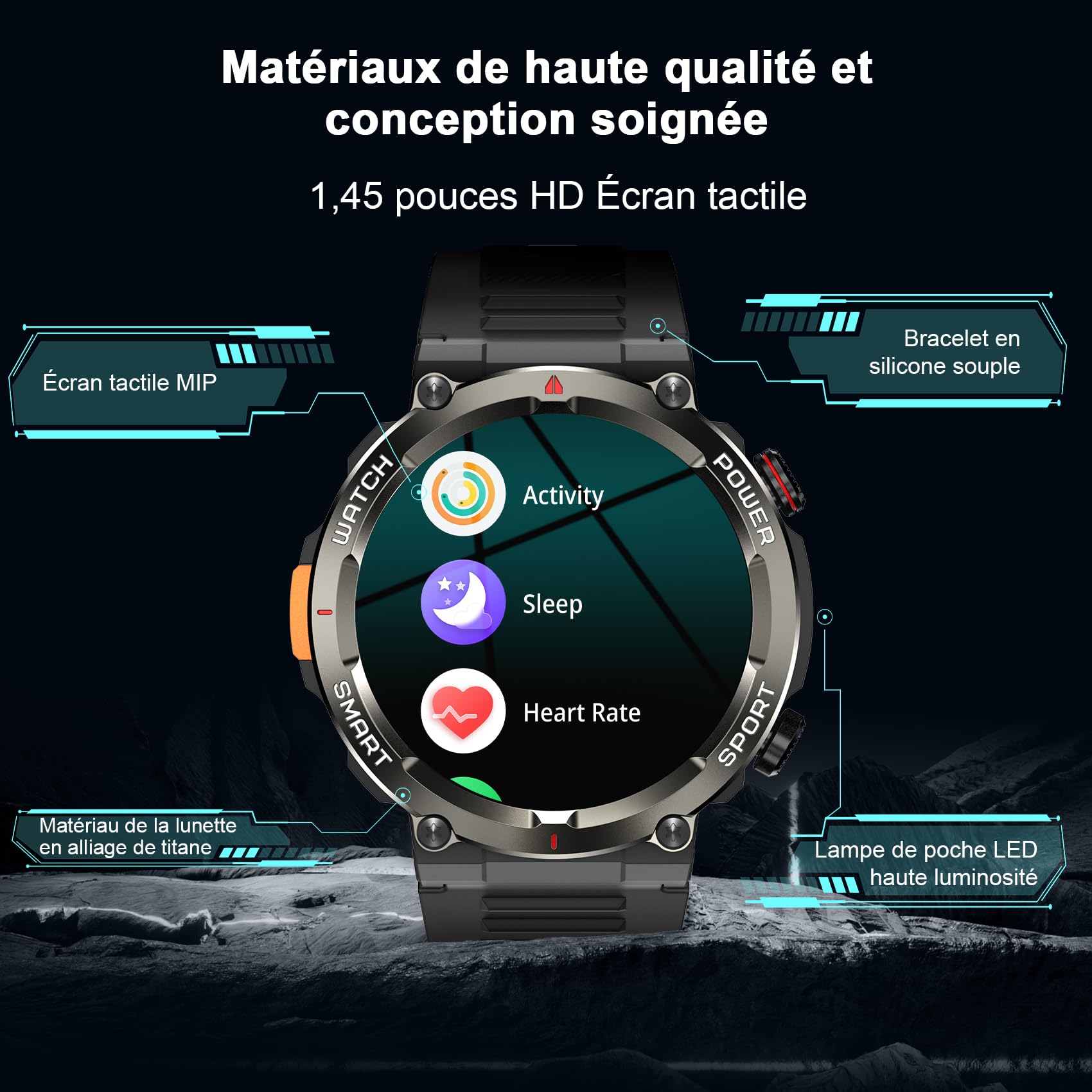 Montre connectée homme appel Bluetooth WhatsApp écran HD 1,45 pouces tactile