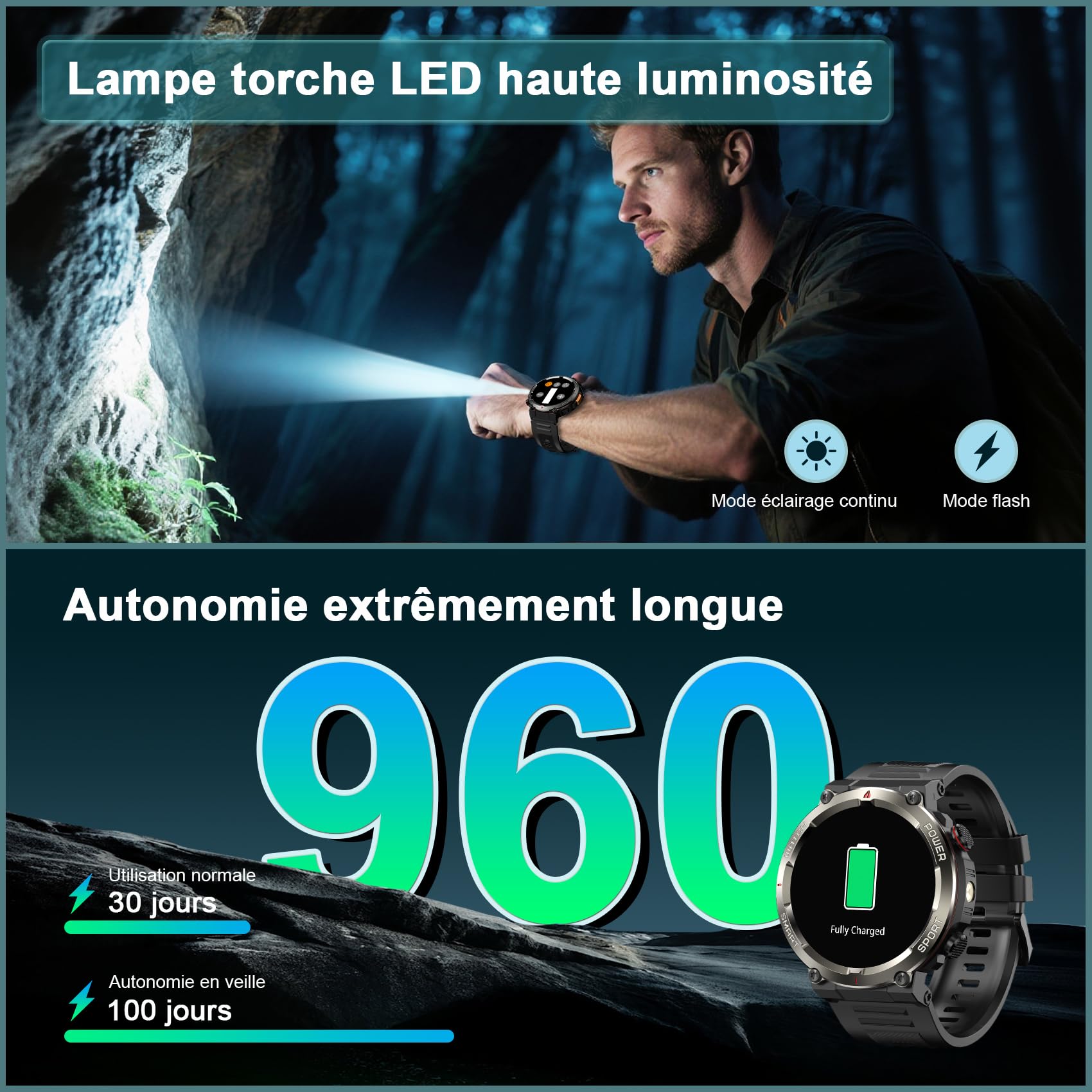 Montre connectée homme appel Bluetooth WhatsApp écran HD 1,45 pouces tactile