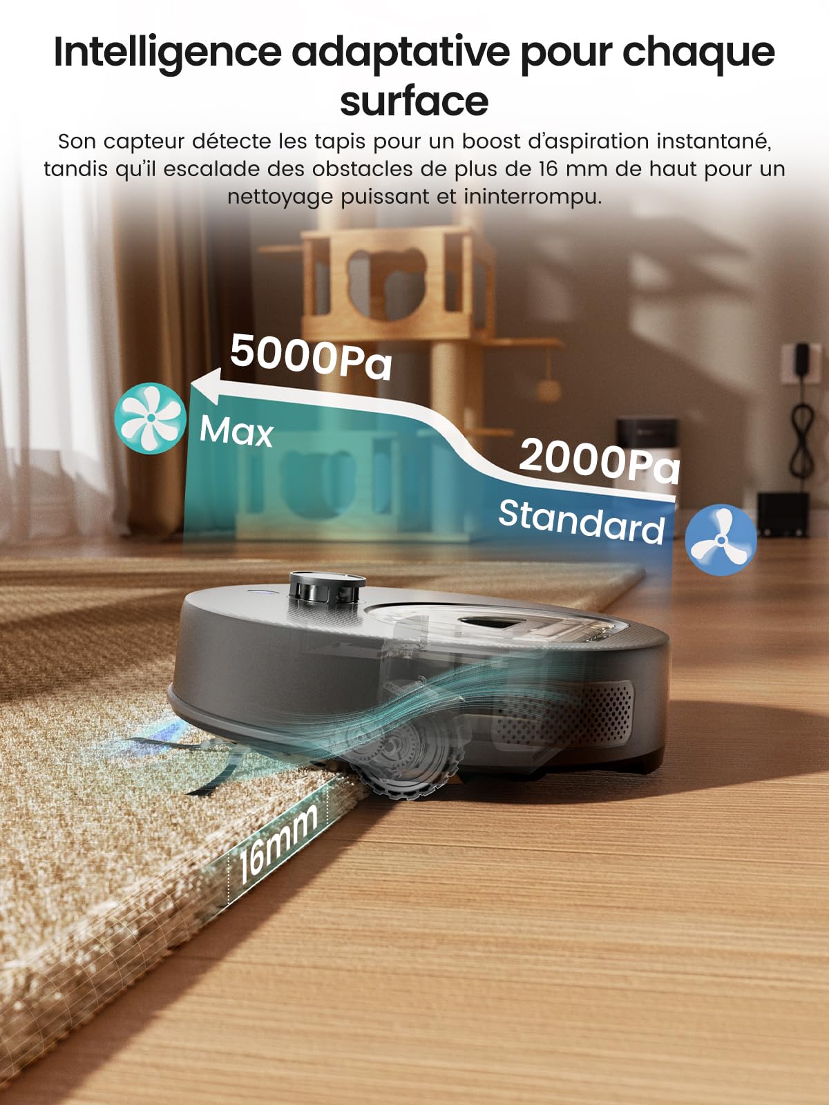 Robot aspirateur laveur serpillière 3 en 1 5000Pa anti-emmêlement