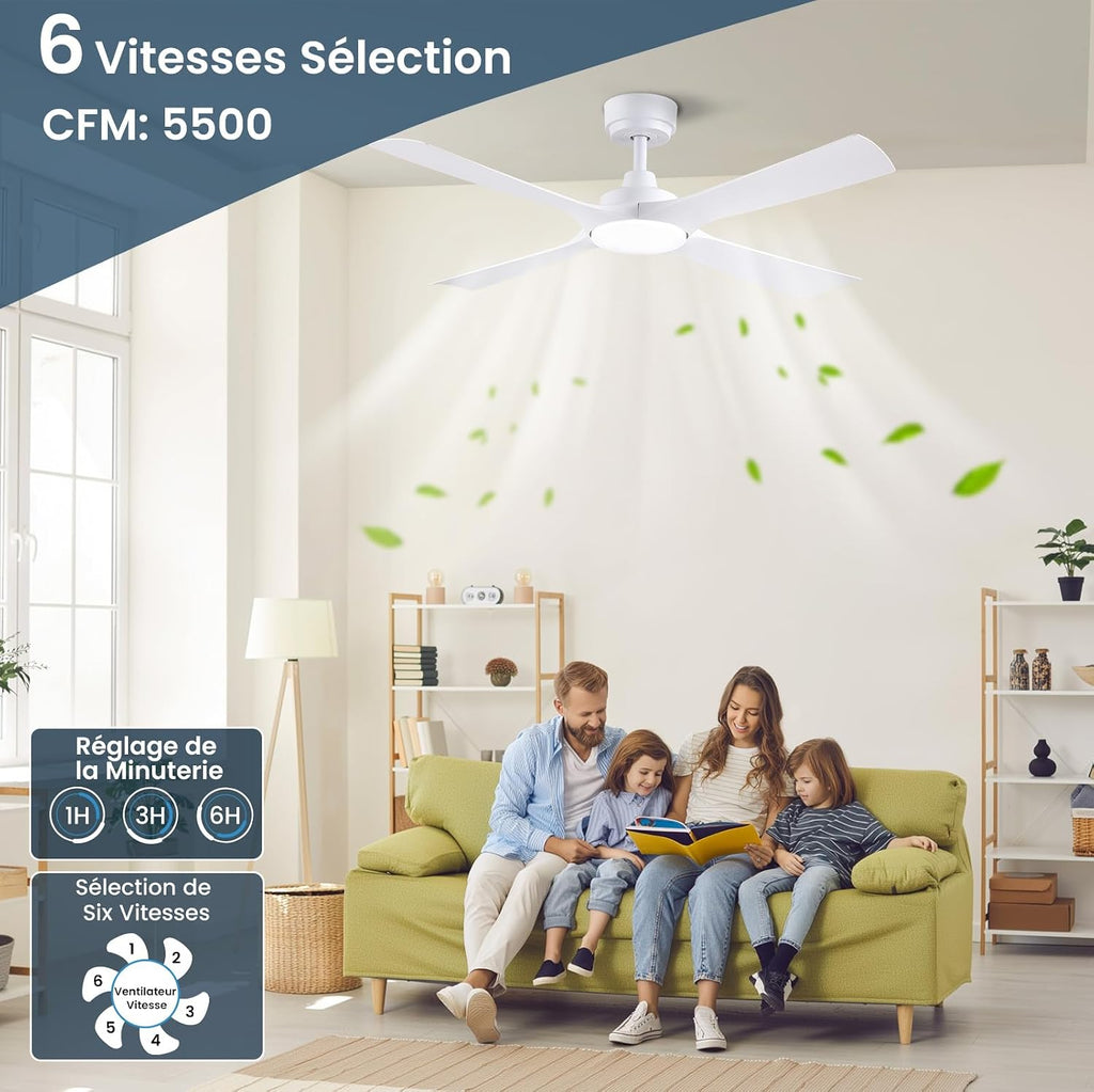 Ventilateur de plafond 122 cm blanc silencieux — LED 6 vitesses — vue 2