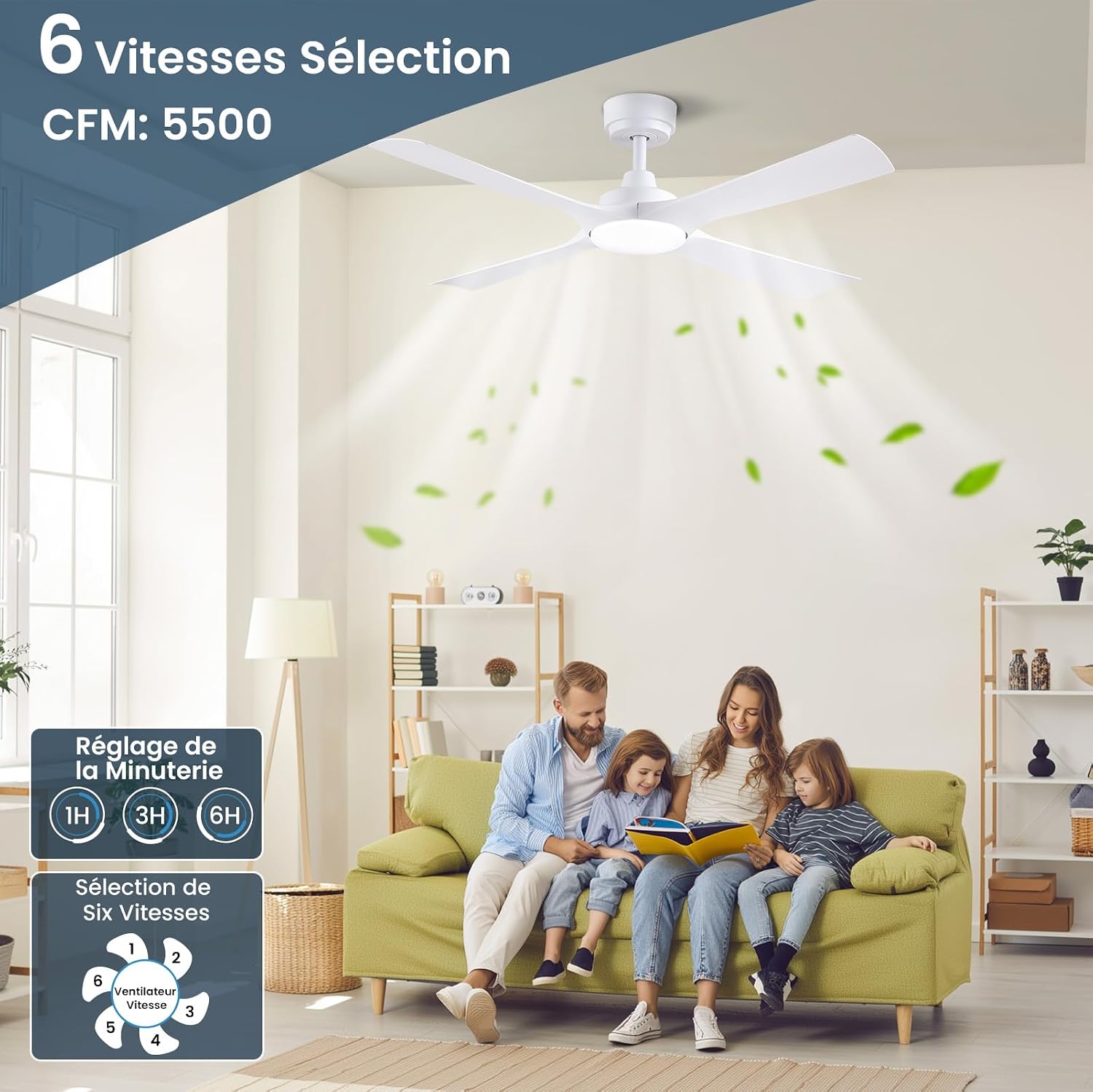 Ventilateur de plafond 122 cm blanc silencieux — LED 6 vitesses — vue 2