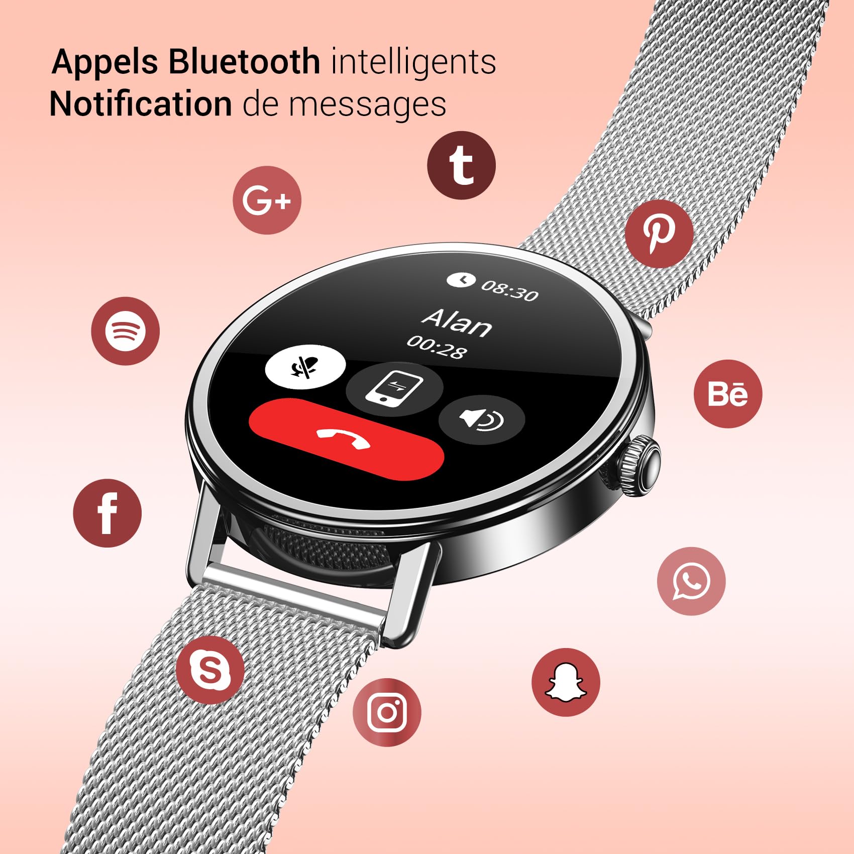 Montre connectée femme 1,26 pouces appel Bluetooth suivi cycle menstruel