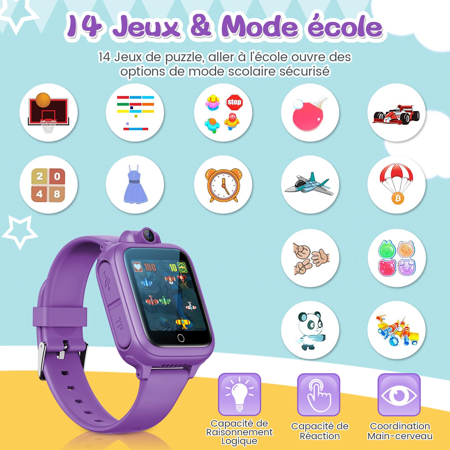 Montre connectée enfant jouet — caméra rotative, 14 jeux, mode école (3-12 ans)