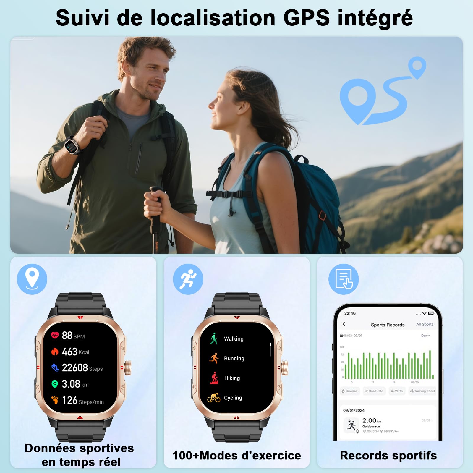 Montre connectée homme GPS 2,06 pouces HD 110 modes sportifs appel Bluetooth