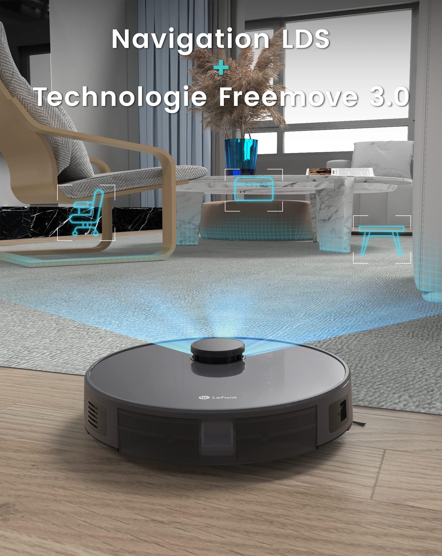 Robot aspirateur laveur 2 en 1 5500Pa navigation LiDAR 200min cartographie