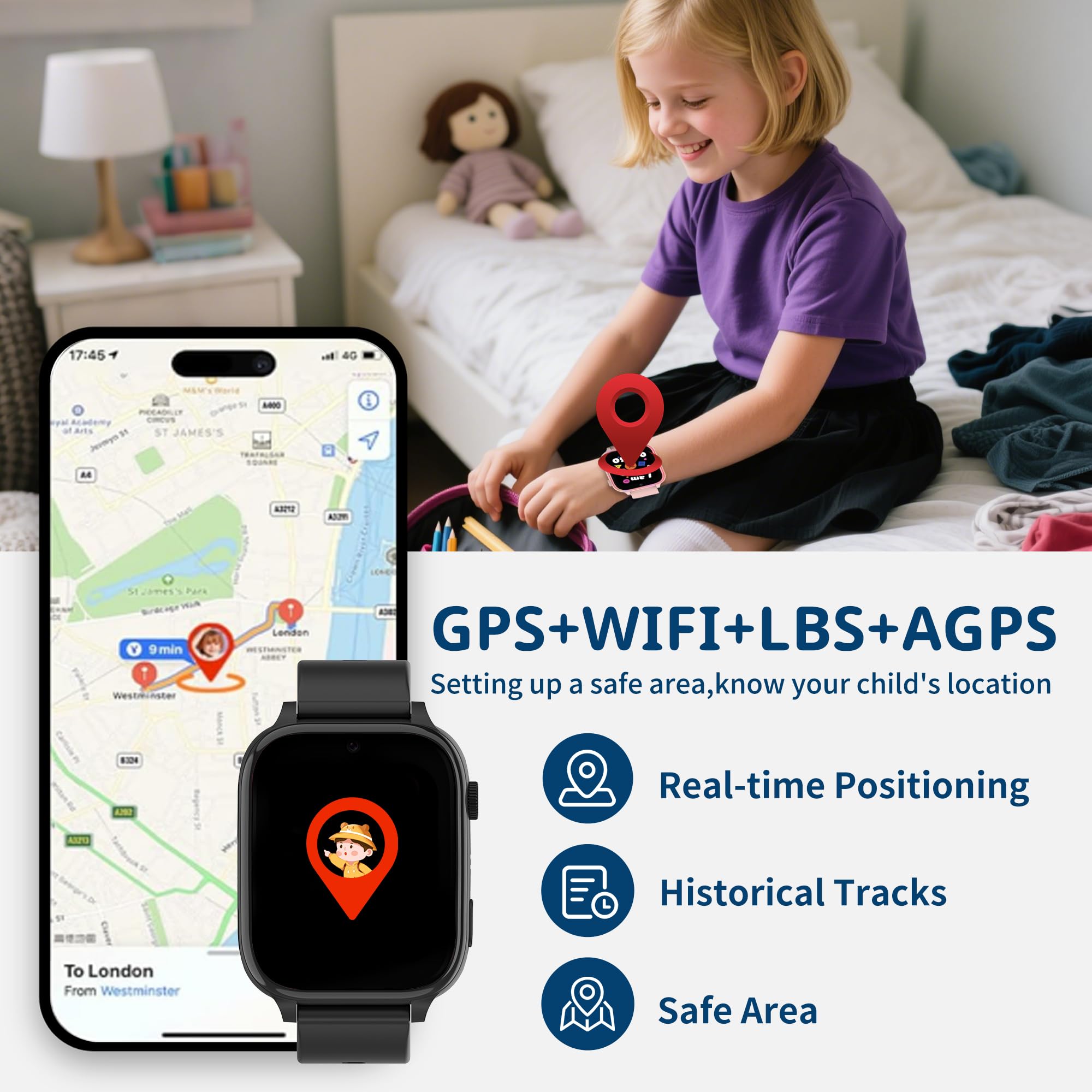 Montre connectée enfant 4G GPS téléphone appel vidéo SOS réveil sport