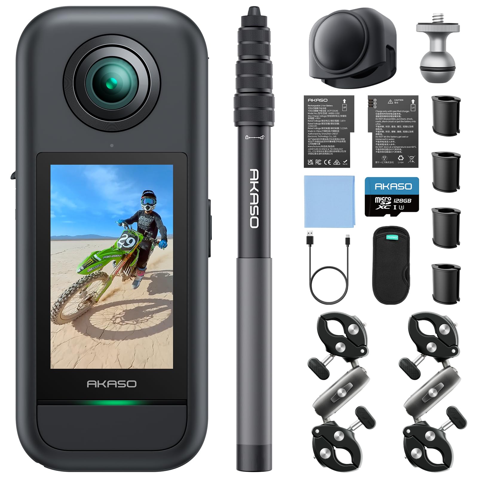 Caméra sport 360° kit moto 5.7K 128Go action cam étanche stabilisée