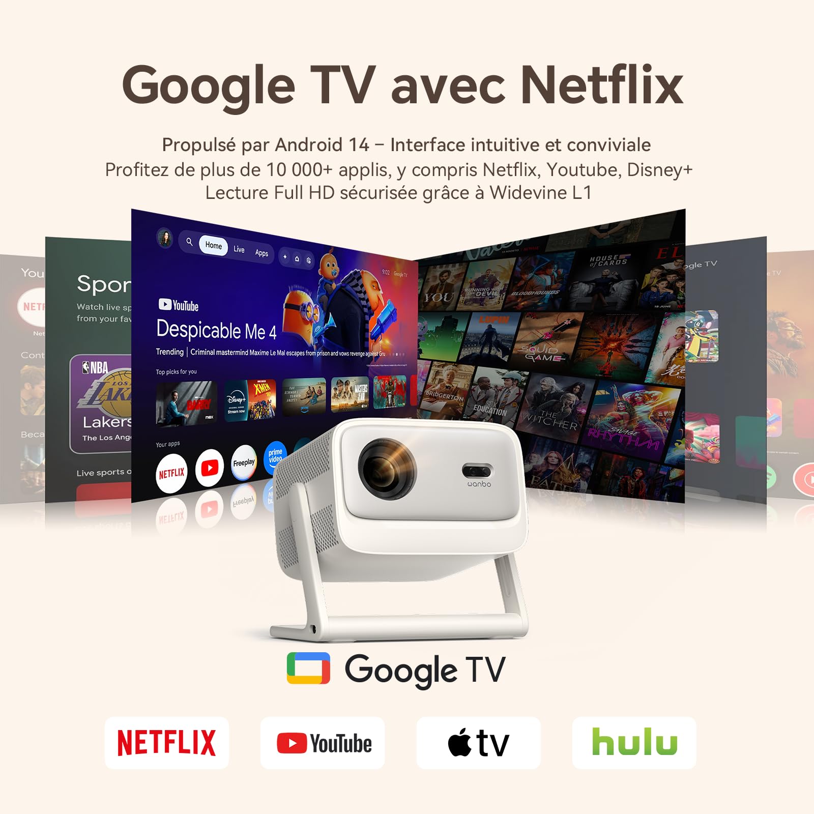 Vidéoprojecteur 4K Google TV Netflix 900 ANSI Dolby Audio WiFi