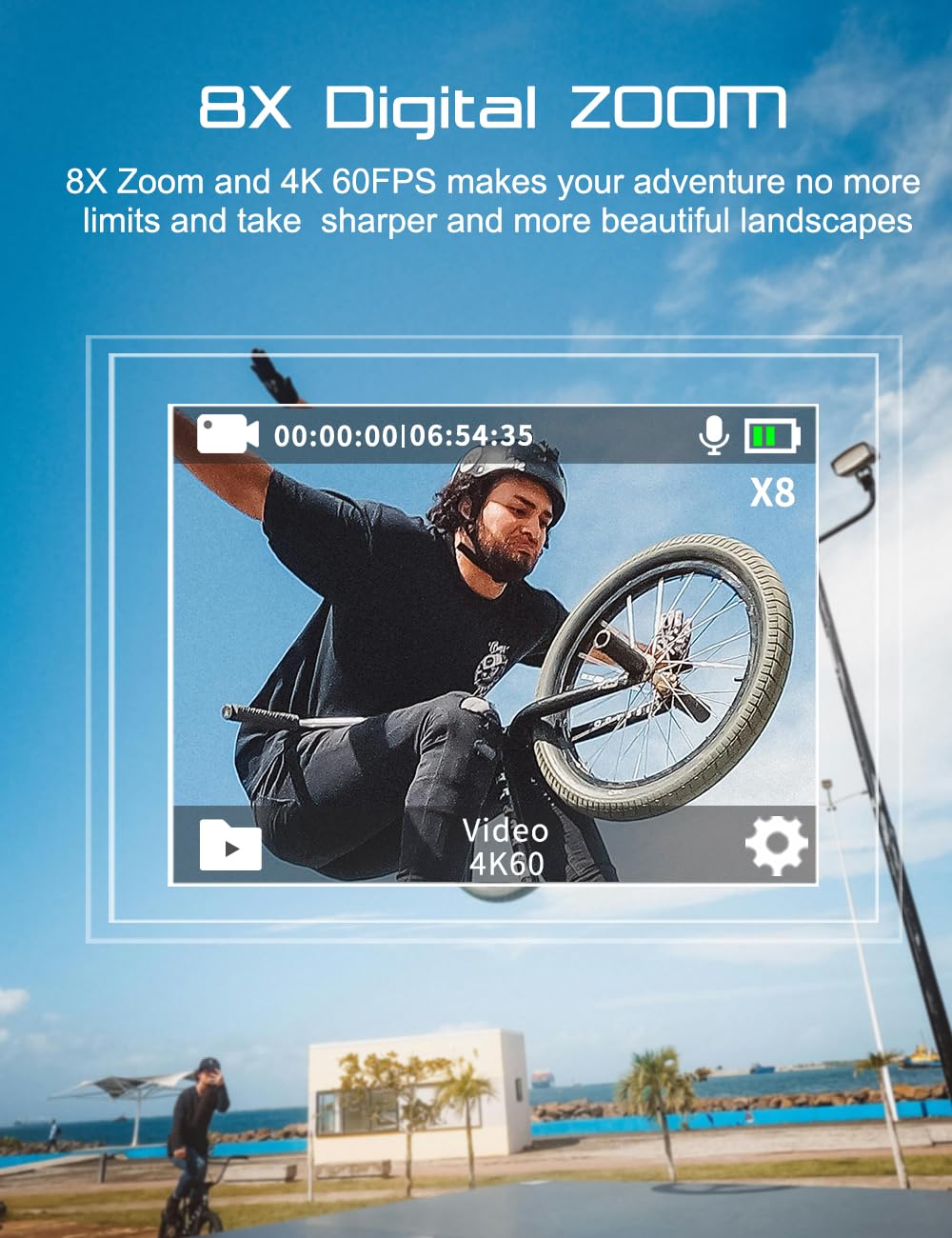 Caméra sport 4K 60fps 48MP — étanche 40 m, stabilisation EIS, grand angle 170°, WiFi + télécommande