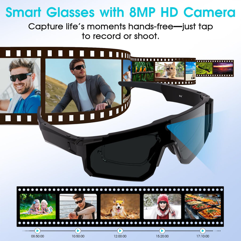 Lunettes connectées caméra HD 1200P — écran shield, enregistrement stabilisé