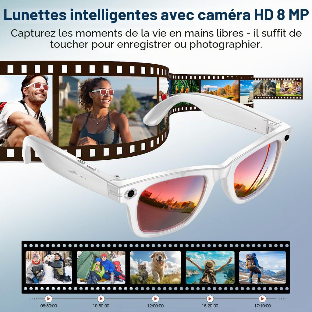 Lunettes connectées caméra 1200P 8 MP — anti-tremblement, monture blanche