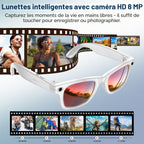 Lunettes connectées caméra 1200P 8 MP — anti-tremblement, monture blanche