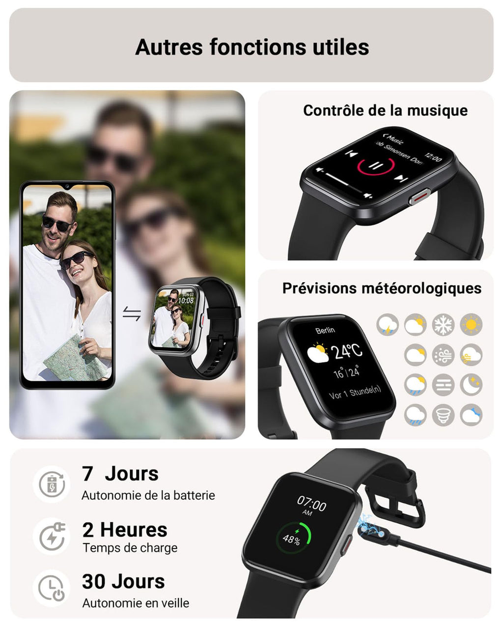 Montre connectée homme femme 1,85" Alexa — 100+ modes sport, SpO2, 3ATM
