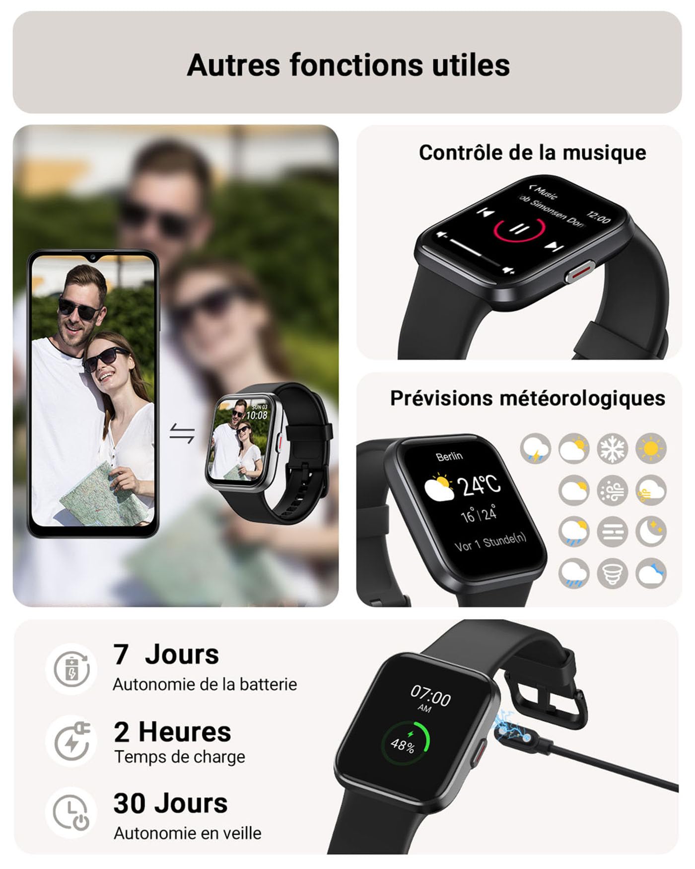 Montre connectée homme femme 1,85" Alexa — 100+ modes sport, SpO2, 3ATM