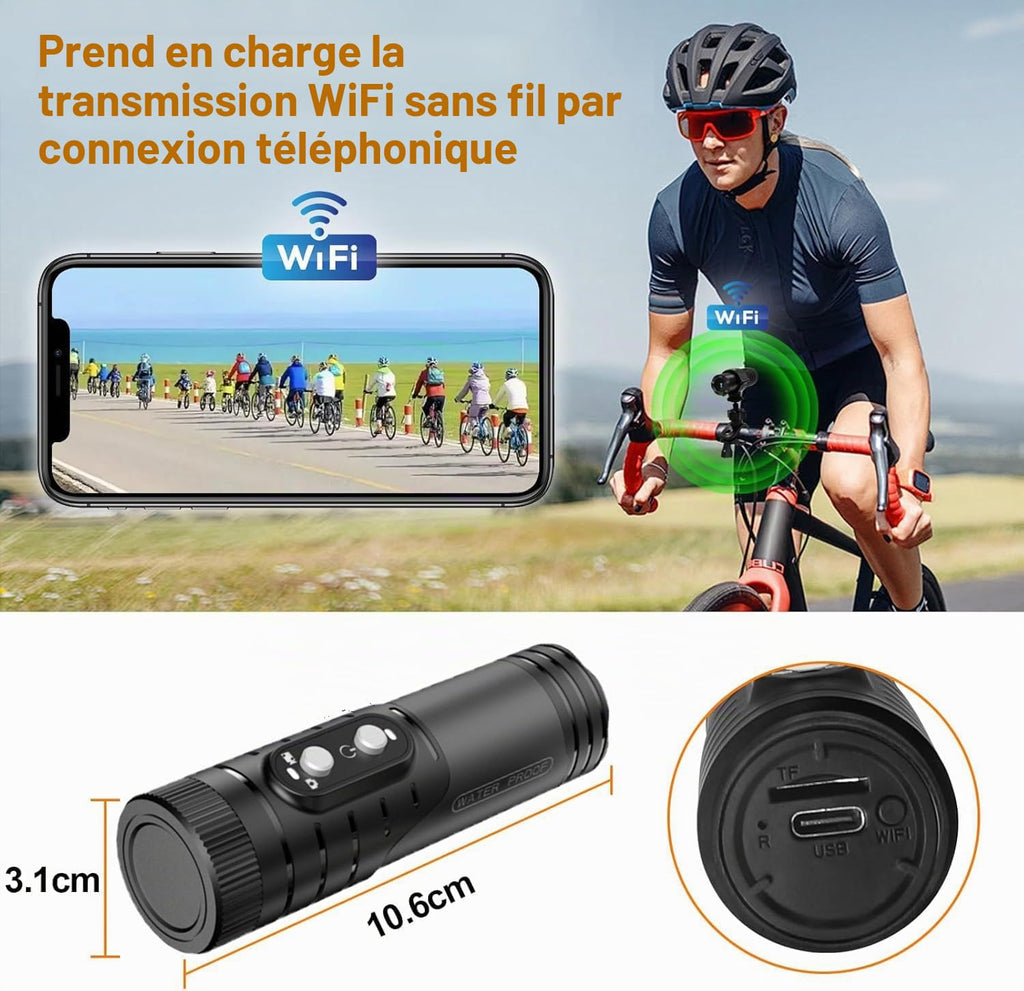 Caméra sport tubulaire 1080P étanche — WiFi, stabilisation EIS, compression H.265, batterie 1600 mAh