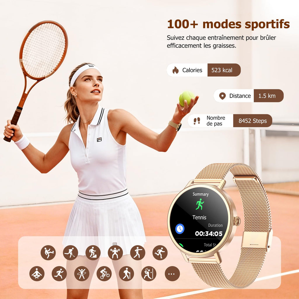 Montre connectée femme appel Bluetooth écran HD 1,26 pouces Bluetooth 5.4