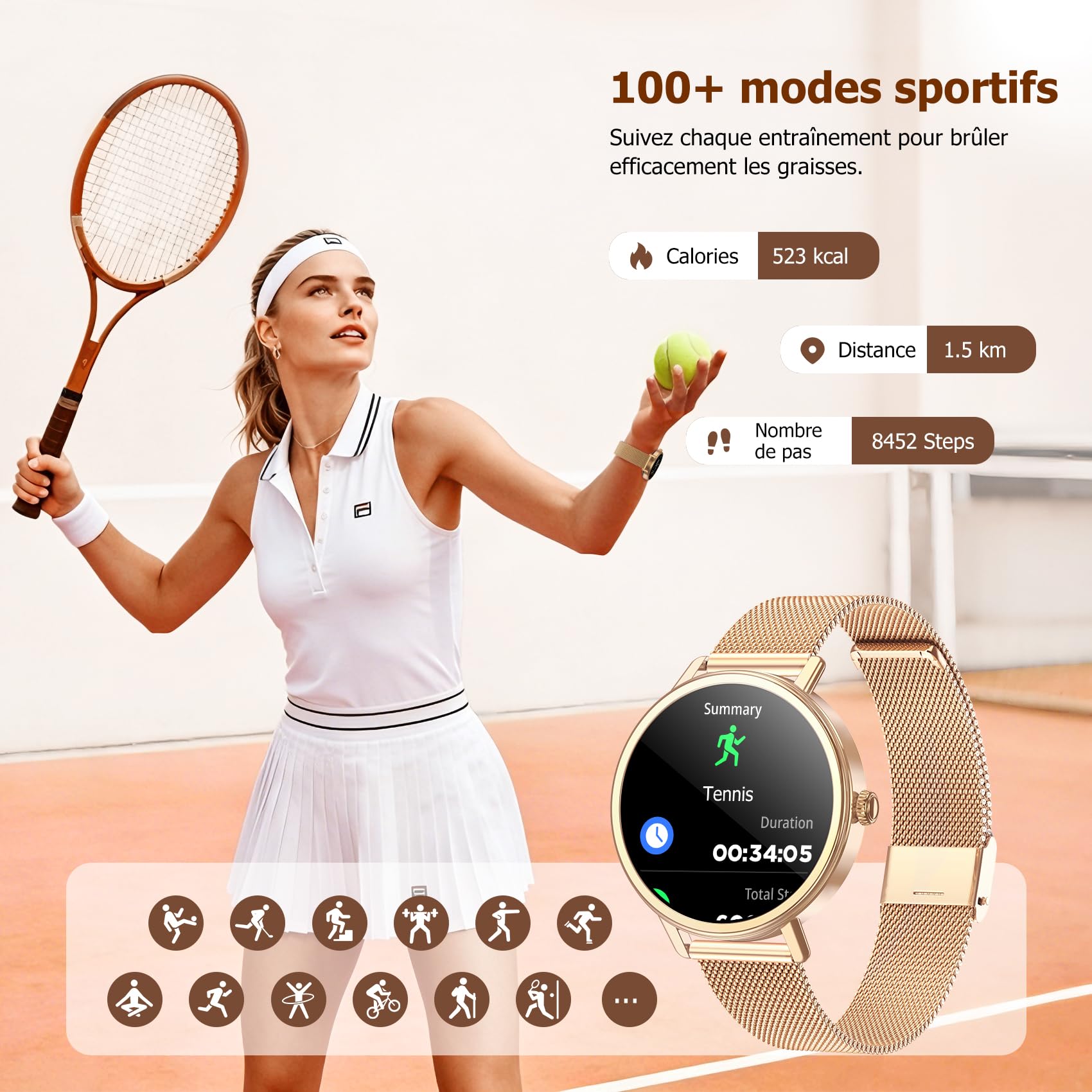 Montre connectée femme appel Bluetooth écran HD 1,26 pouces Bluetooth 5.4
