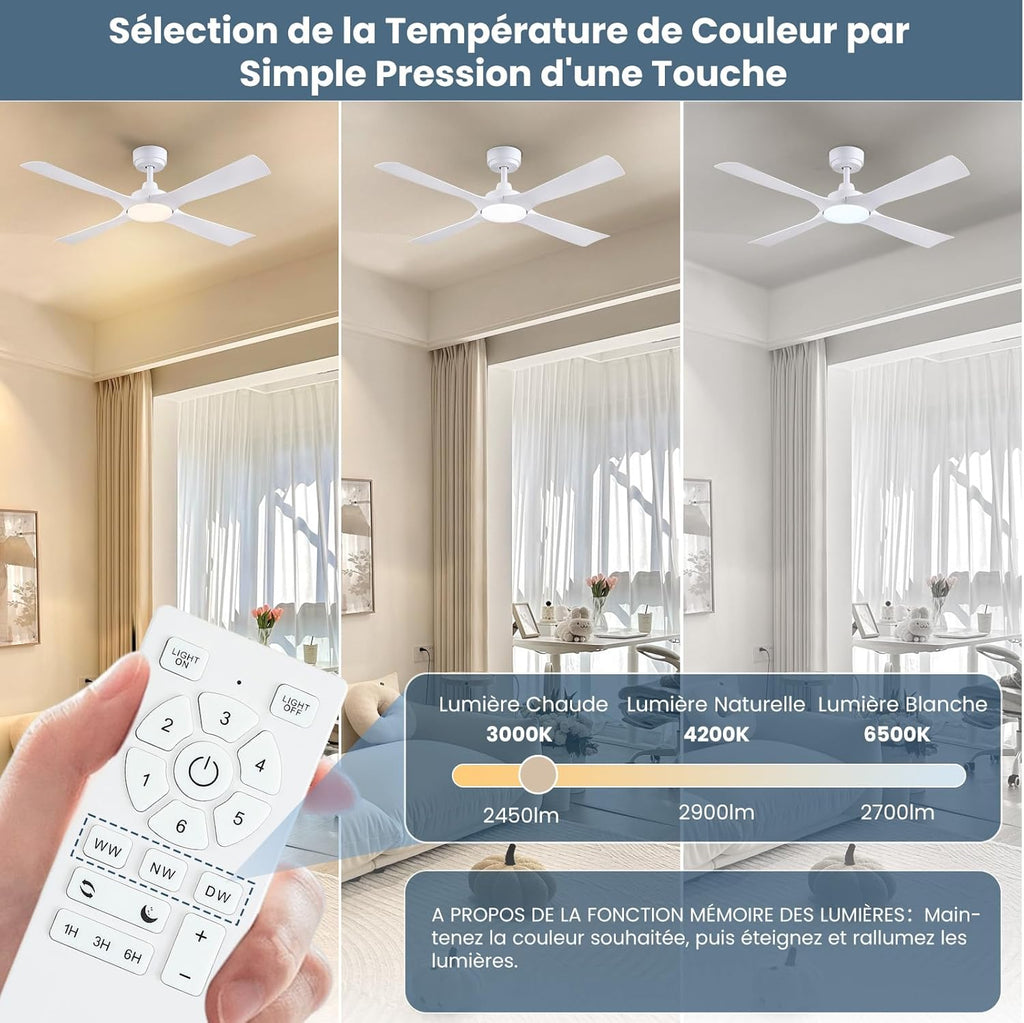 Ventilateur de plafond 122 cm blanc silencieux — LED 6 vitesses — vue 3