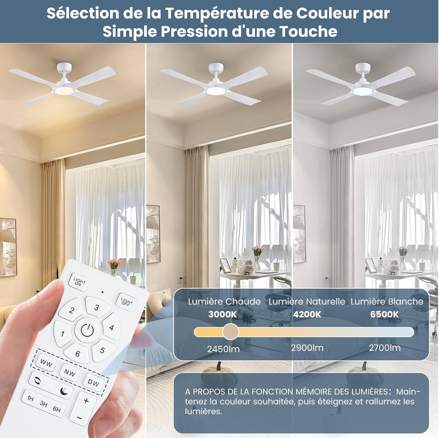 Ventilateur de plafond 122 cm blanc silencieux — LED 6 vitesses — vue 3