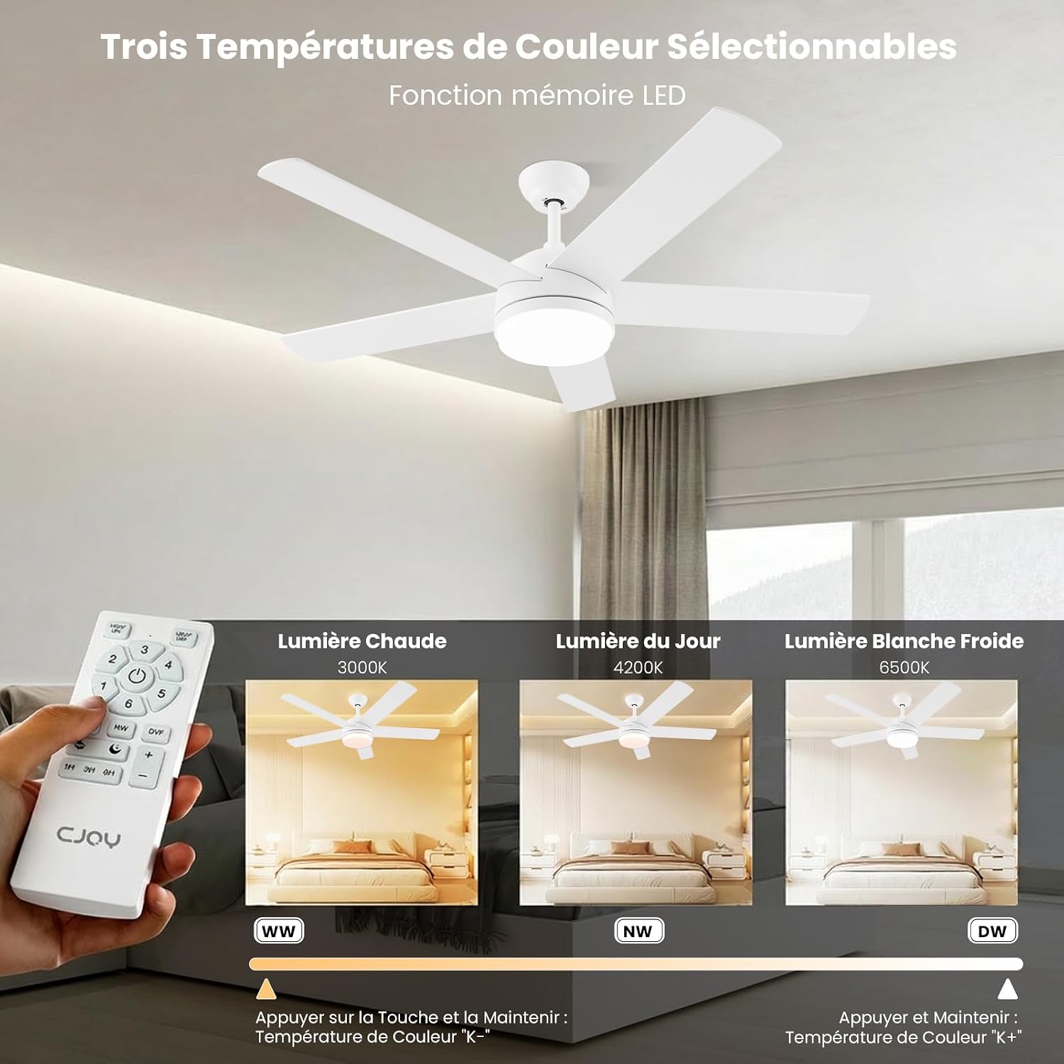 Ventilateur de plafond 152 cm blanc/bois LED — silencieux, 6 vitesses — vue 3