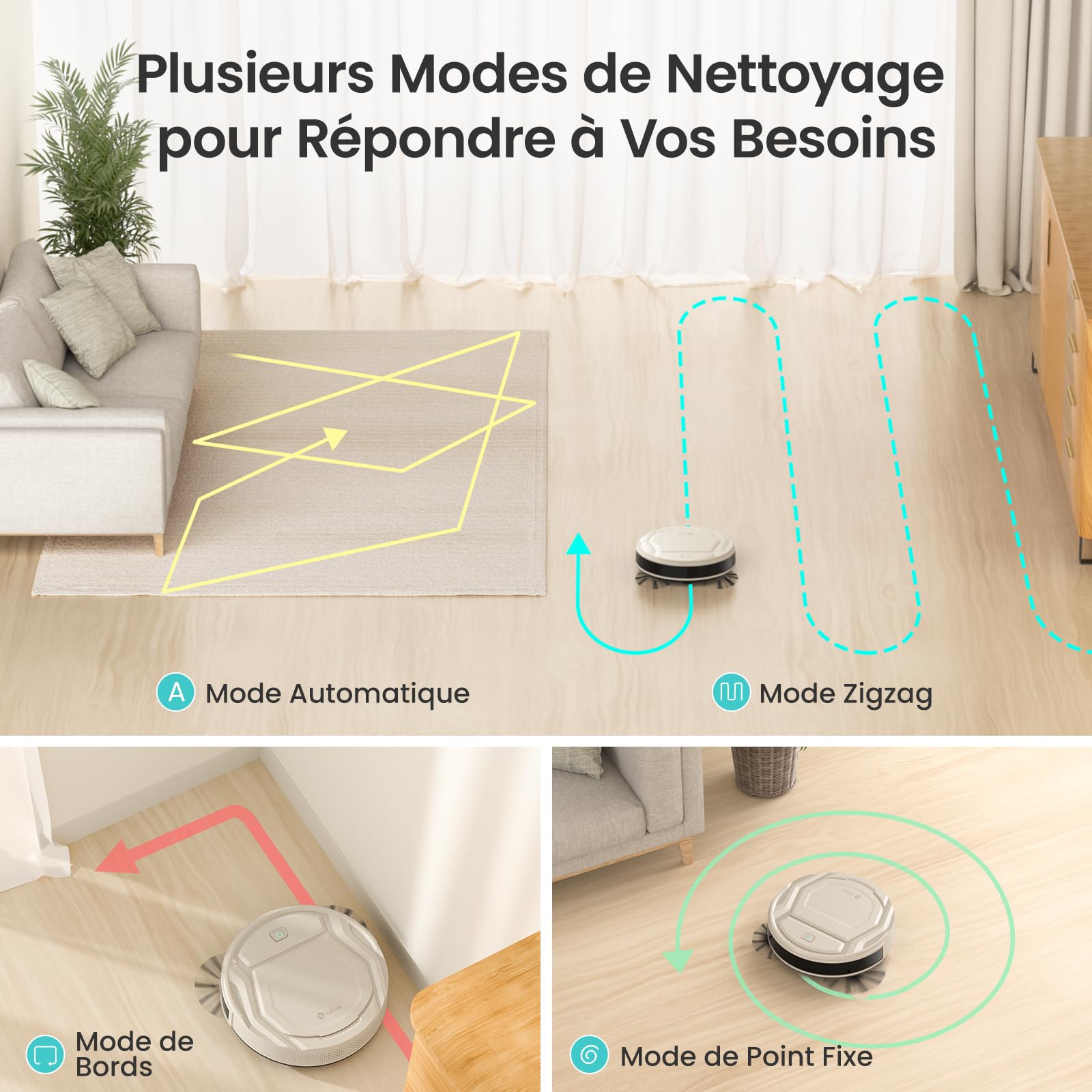 Robot aspirateur mince 2200Pa silencieux 55dB WiFi connecté app