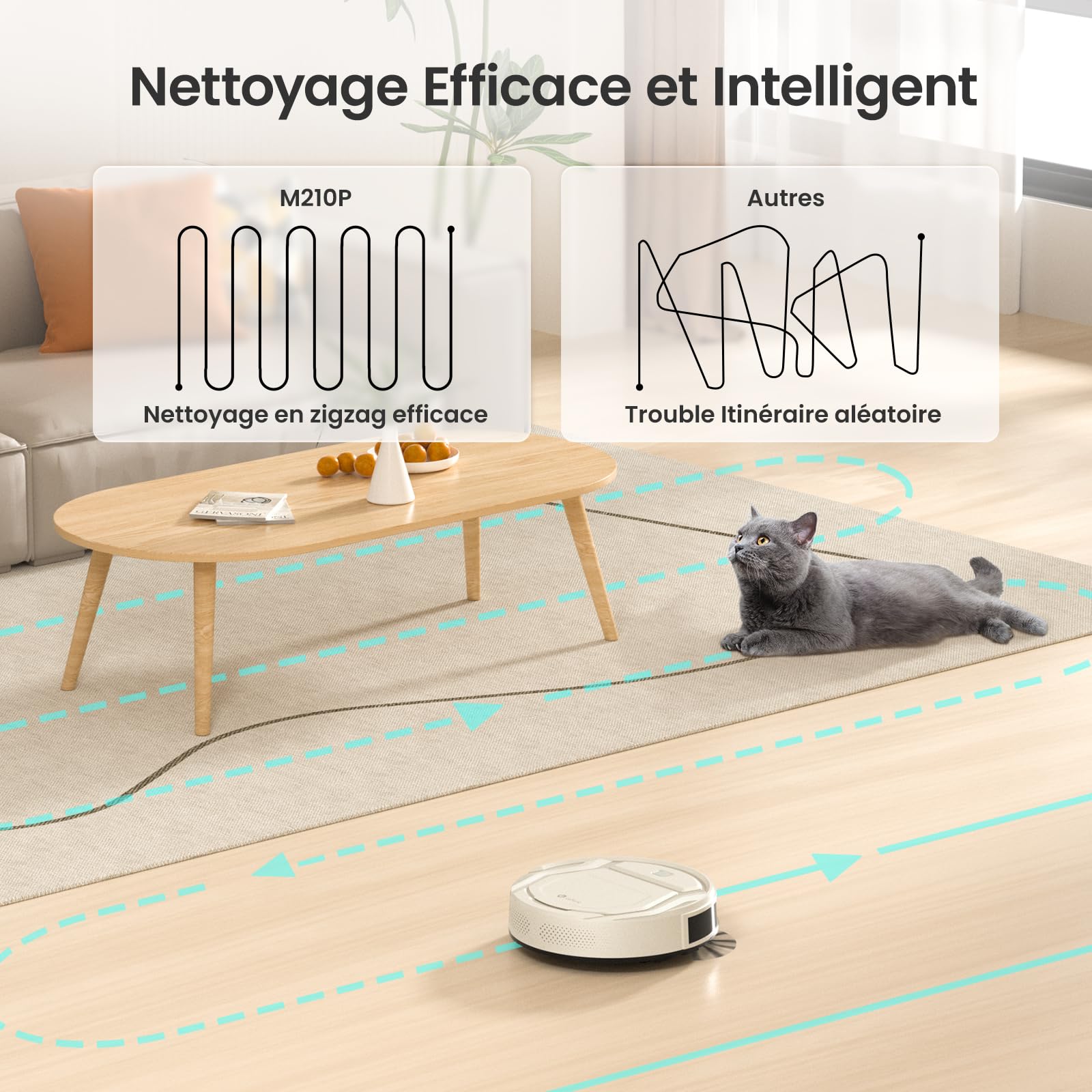 Robot aspirateur mince 2200Pa silencieux 55dB WiFi connecté app