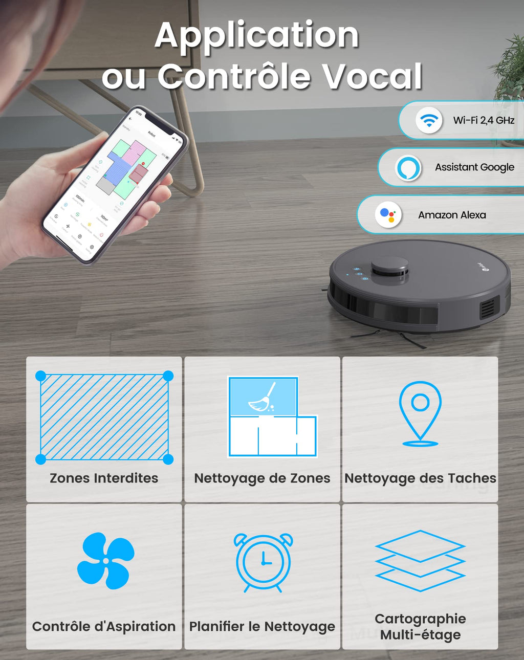 Robot aspirateur laveur 2 en 1 5500Pa navigation LiDAR 200min cartographie