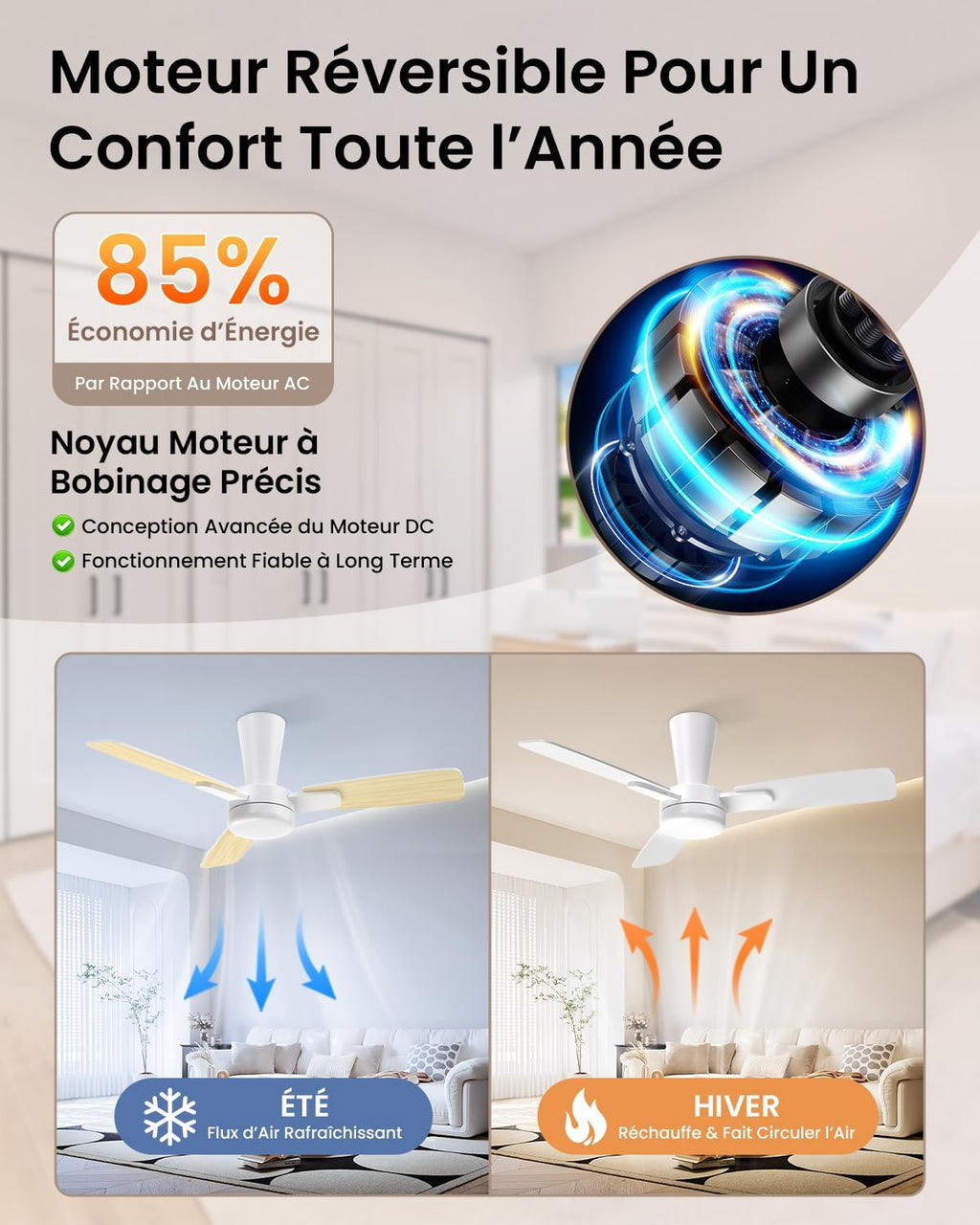 Ventilateur de plafond 106 cm avec lumière — pales clic sans outil — vue 4