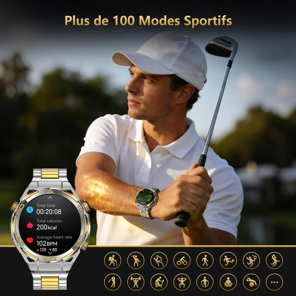 Montre connectée homme style business luxe or 14K ChatGPT intégré