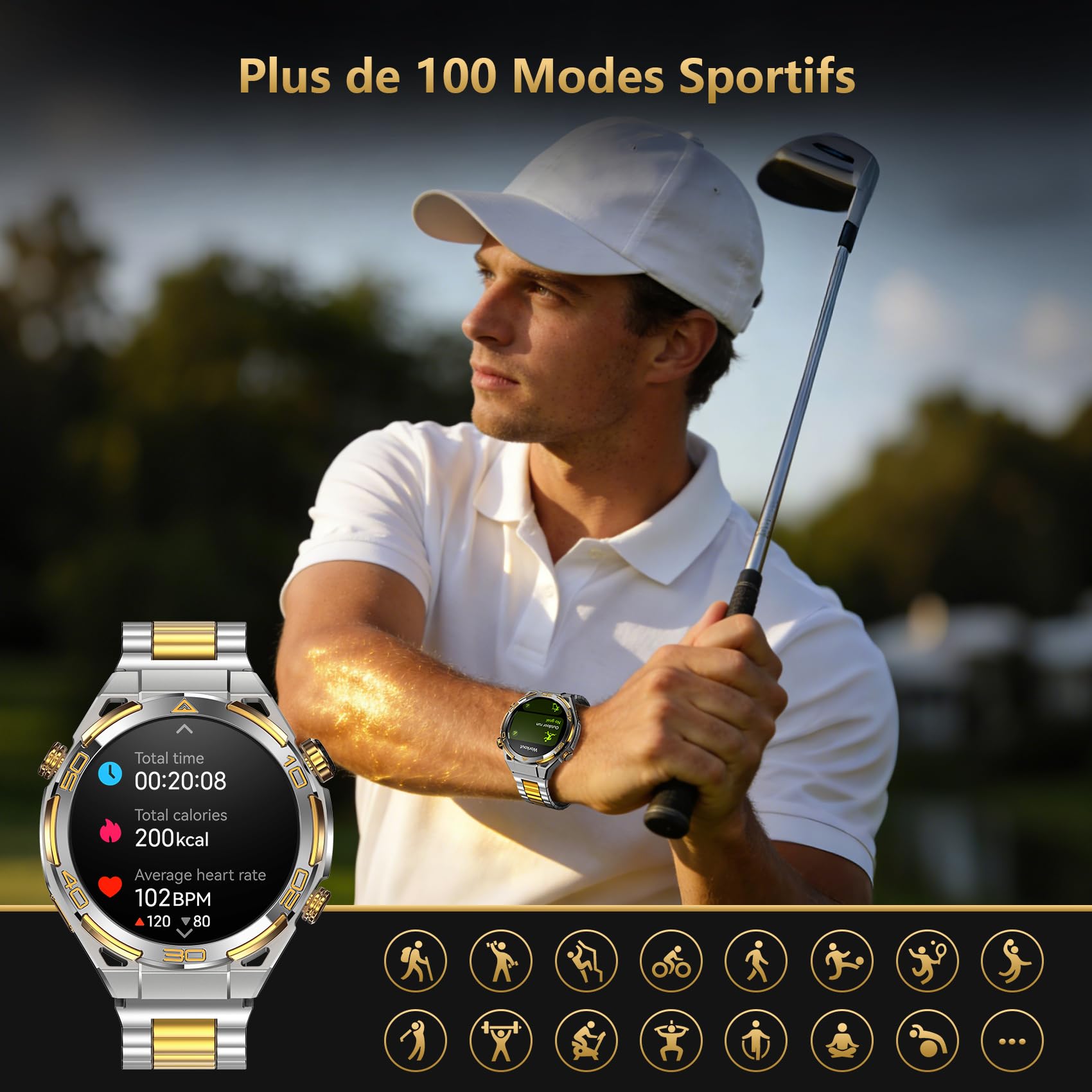 Montre connectée homme style business luxe or 14K ChatGPT intégré