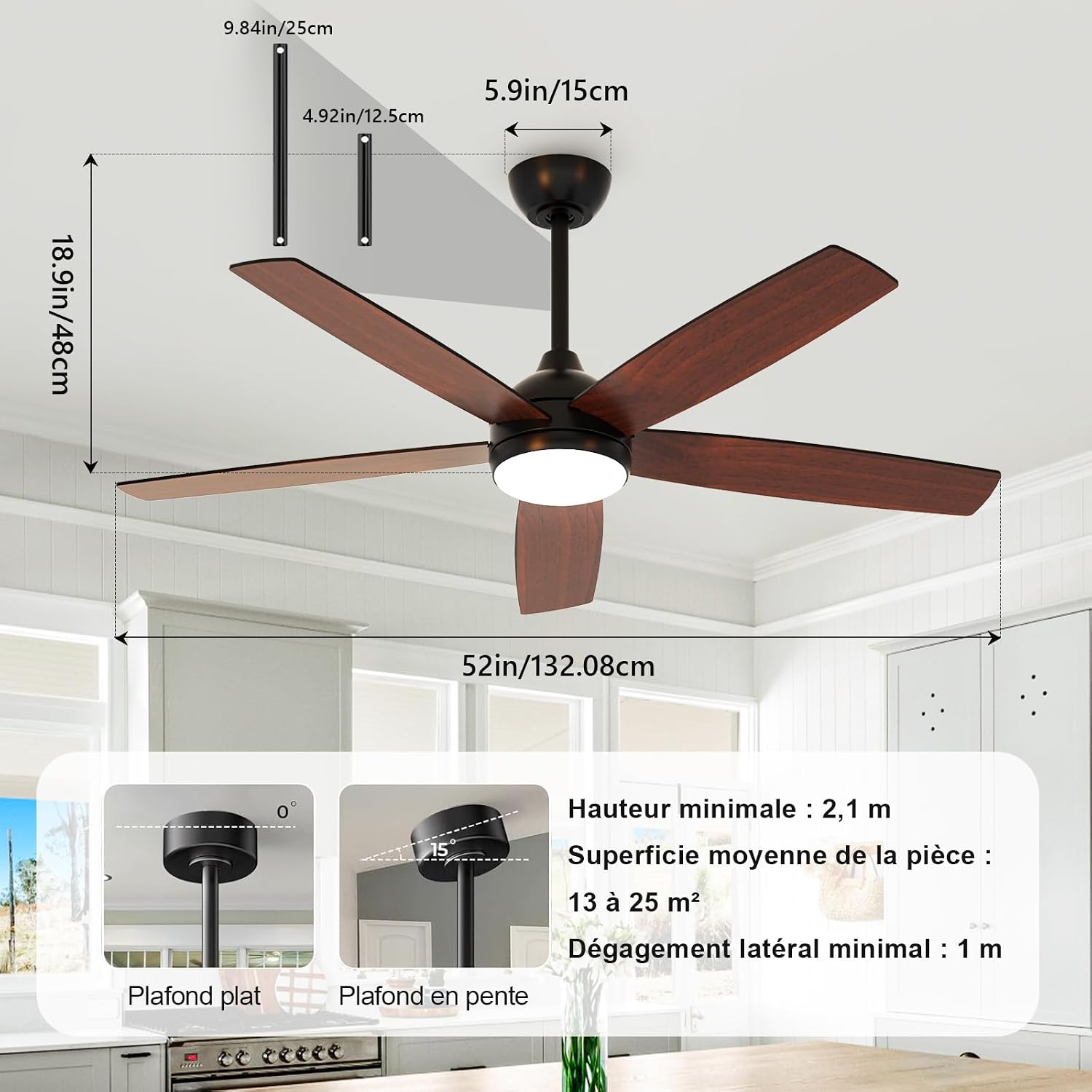Ventilateur de plafond 132 cm LED — moteur DC silencieux été/hiver — vue 4