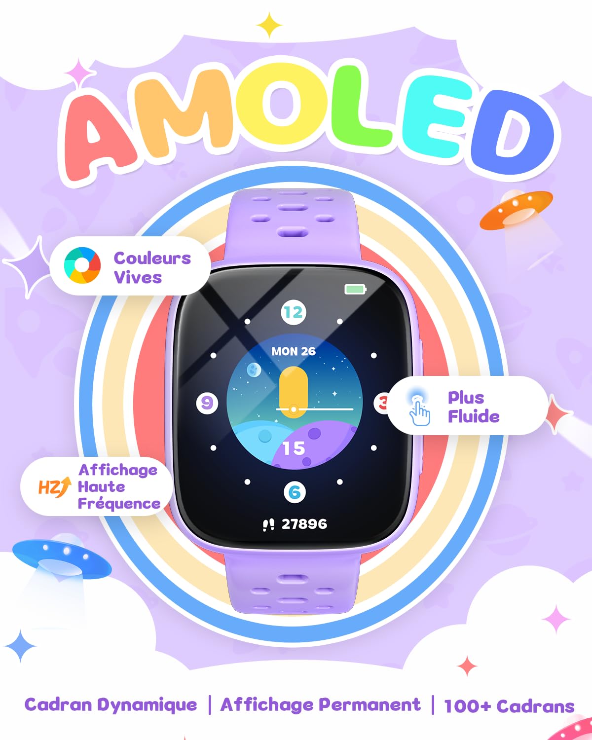 Montre connectée enfant AMOLED 1,83" — sans appli ni abonnement, podomètre