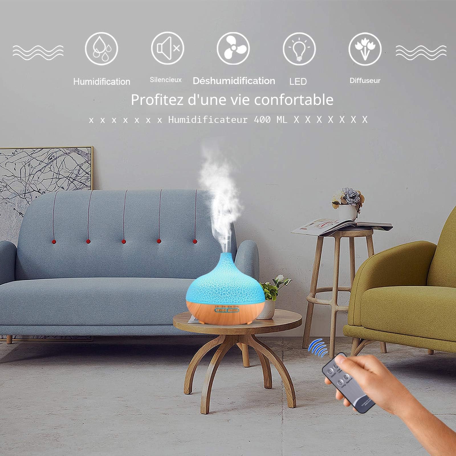 Diffuseur d'arômes 3-en-1 550 ml — humidificateur ultrasons, 7 couleurs LED, télécommande, arrêt auto