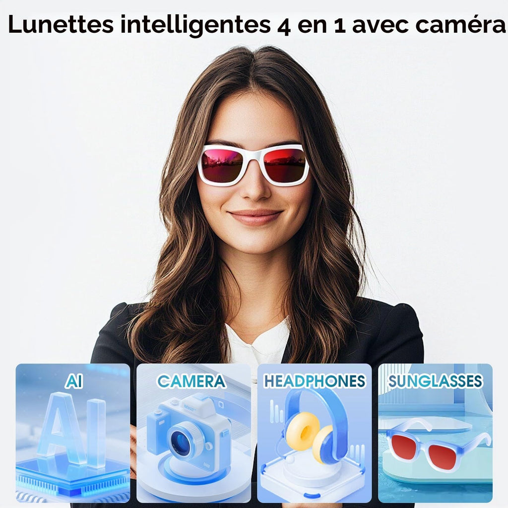 Lunettes connectées caméra 1200P 8 MP — anti-tremblement, monture blanche