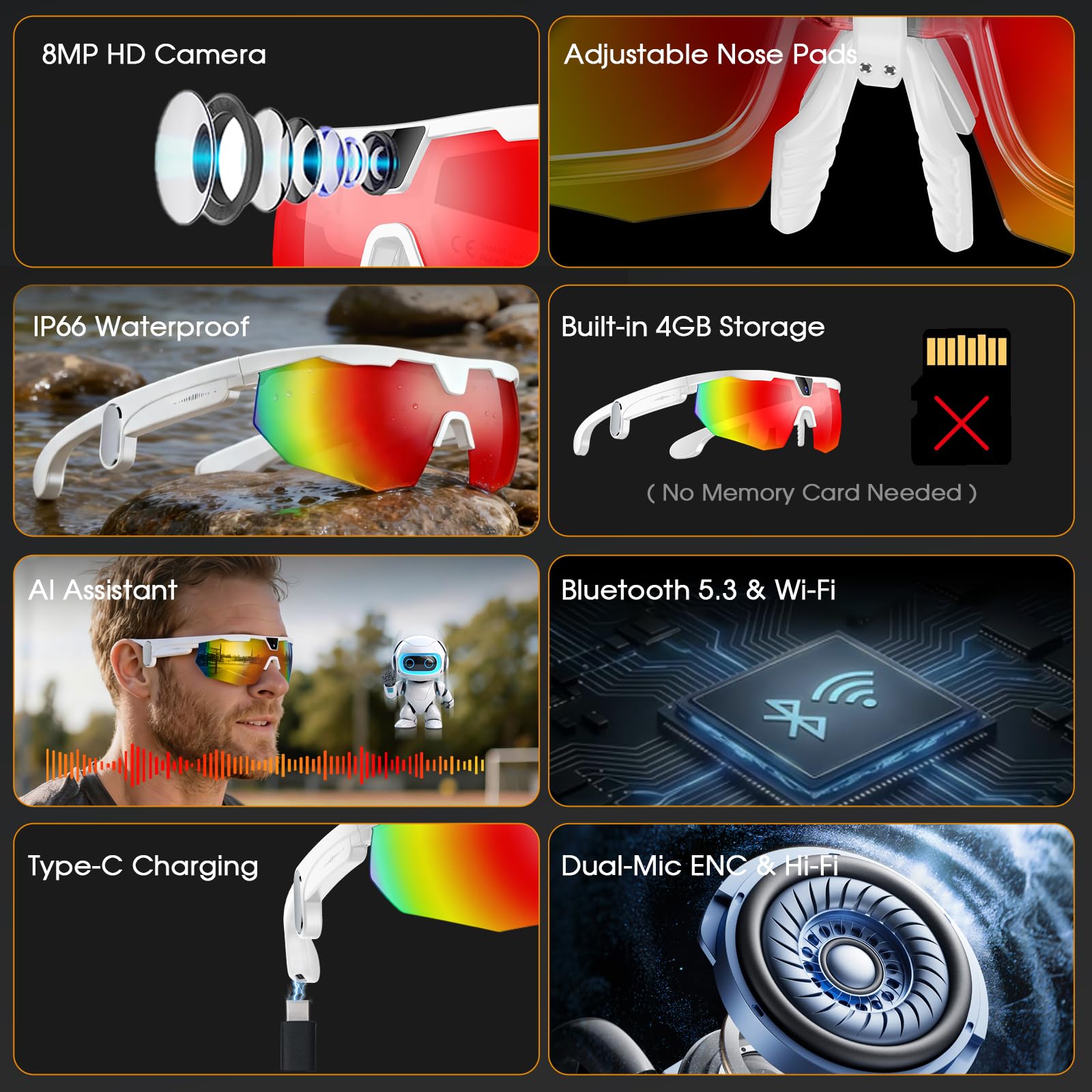 Lunettes connectées sport caméra HD — monture blanche, verres miroir