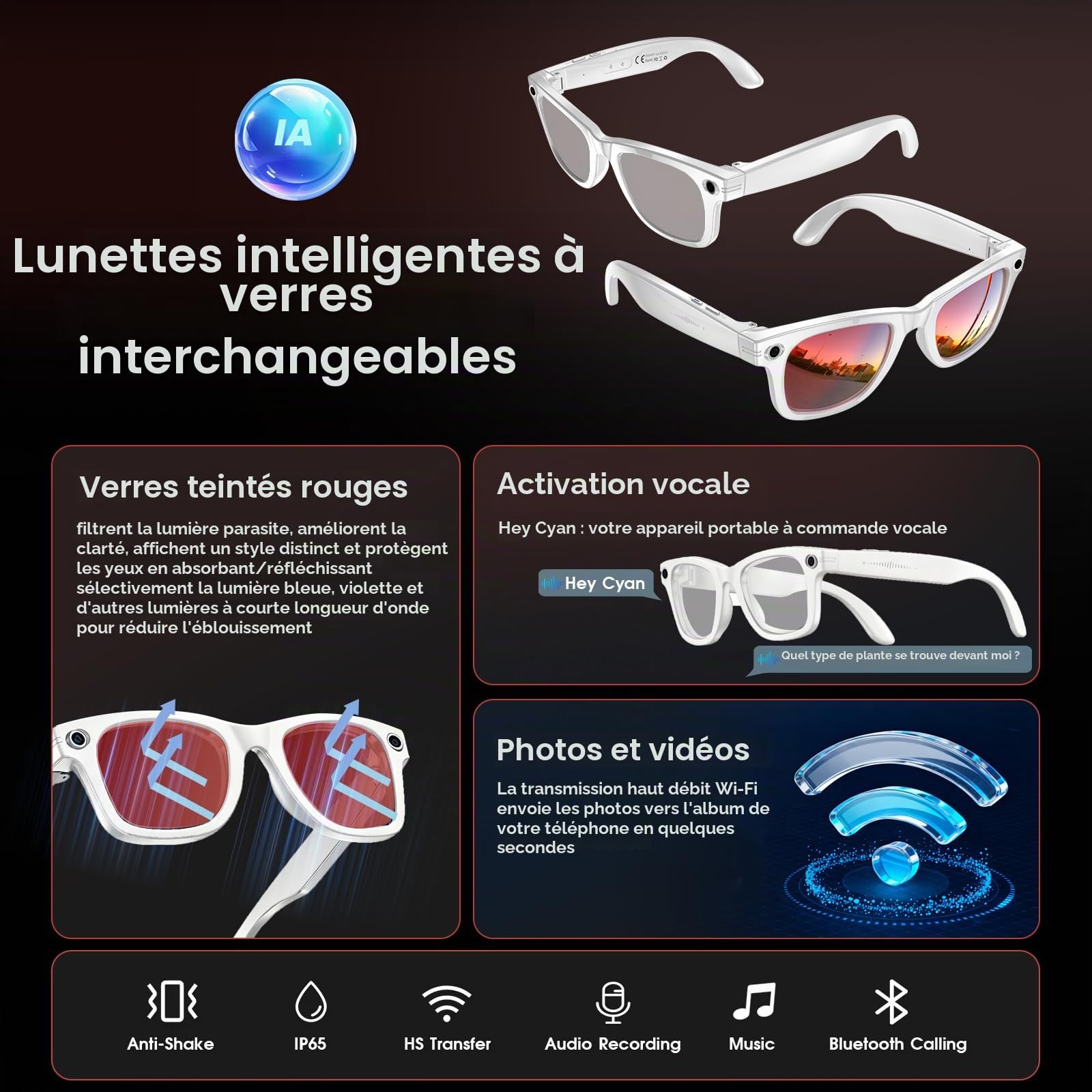 Lunettes connectées caméra 1200P 8 MP — anti-tremblement, monture blanche