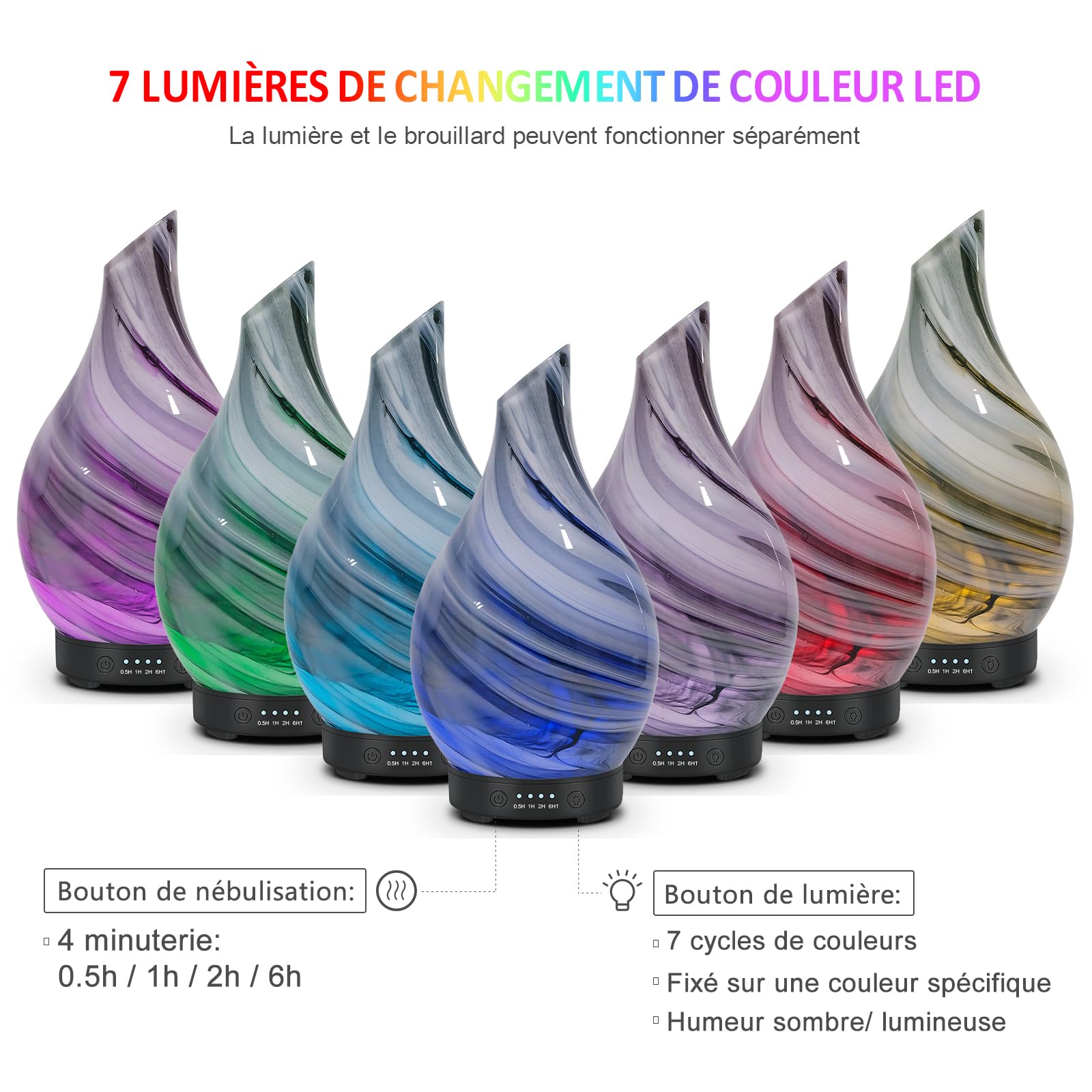 Diffuseur d'huiles essentielles verre soufflé 150 ml — ultrasons silencieux, lumière d'ambiance, 4 modes, arrêt auto