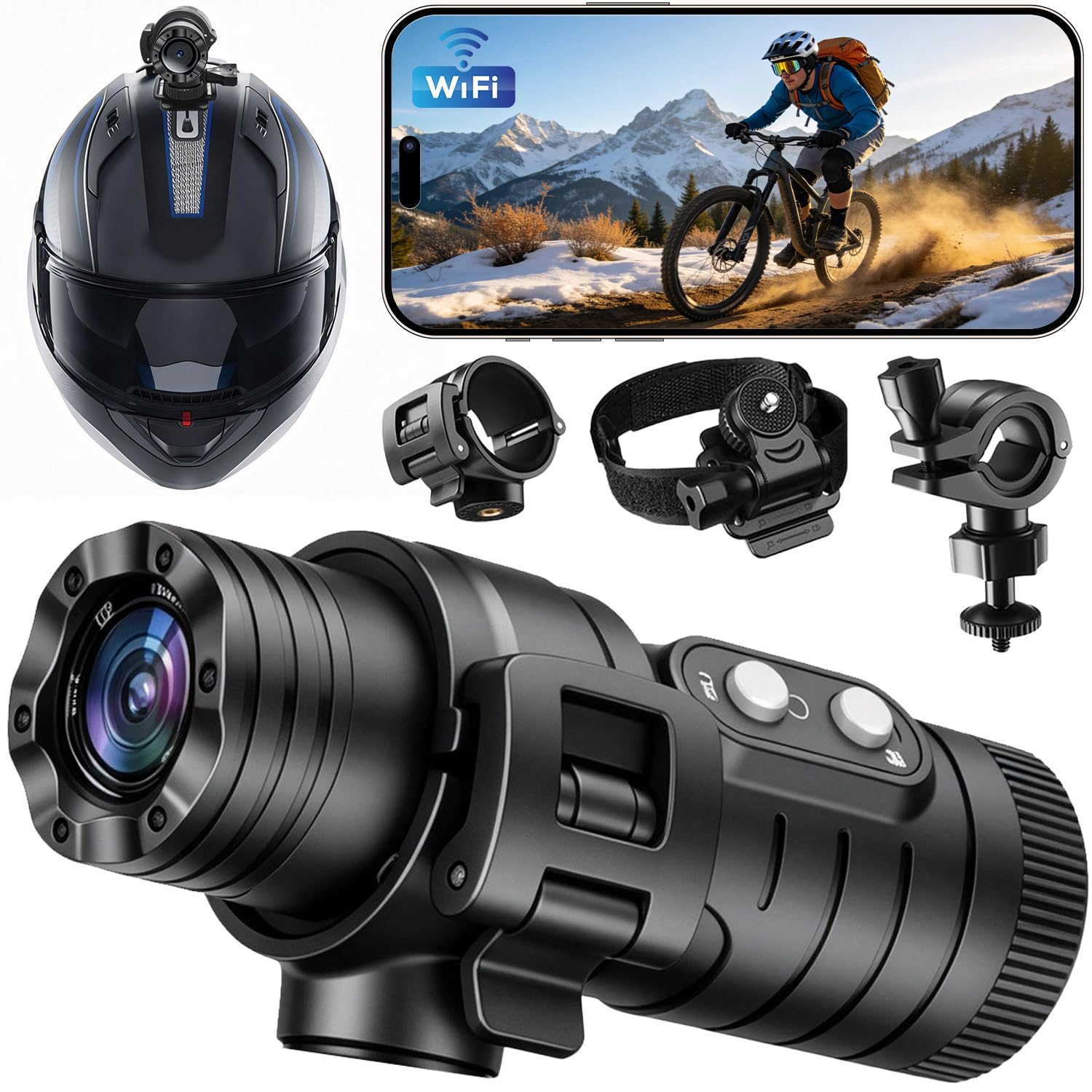 Caméra sport tubulaire 1080P étanche — WiFi, stabilisation EIS, compression H.265, batterie 1600 mAh