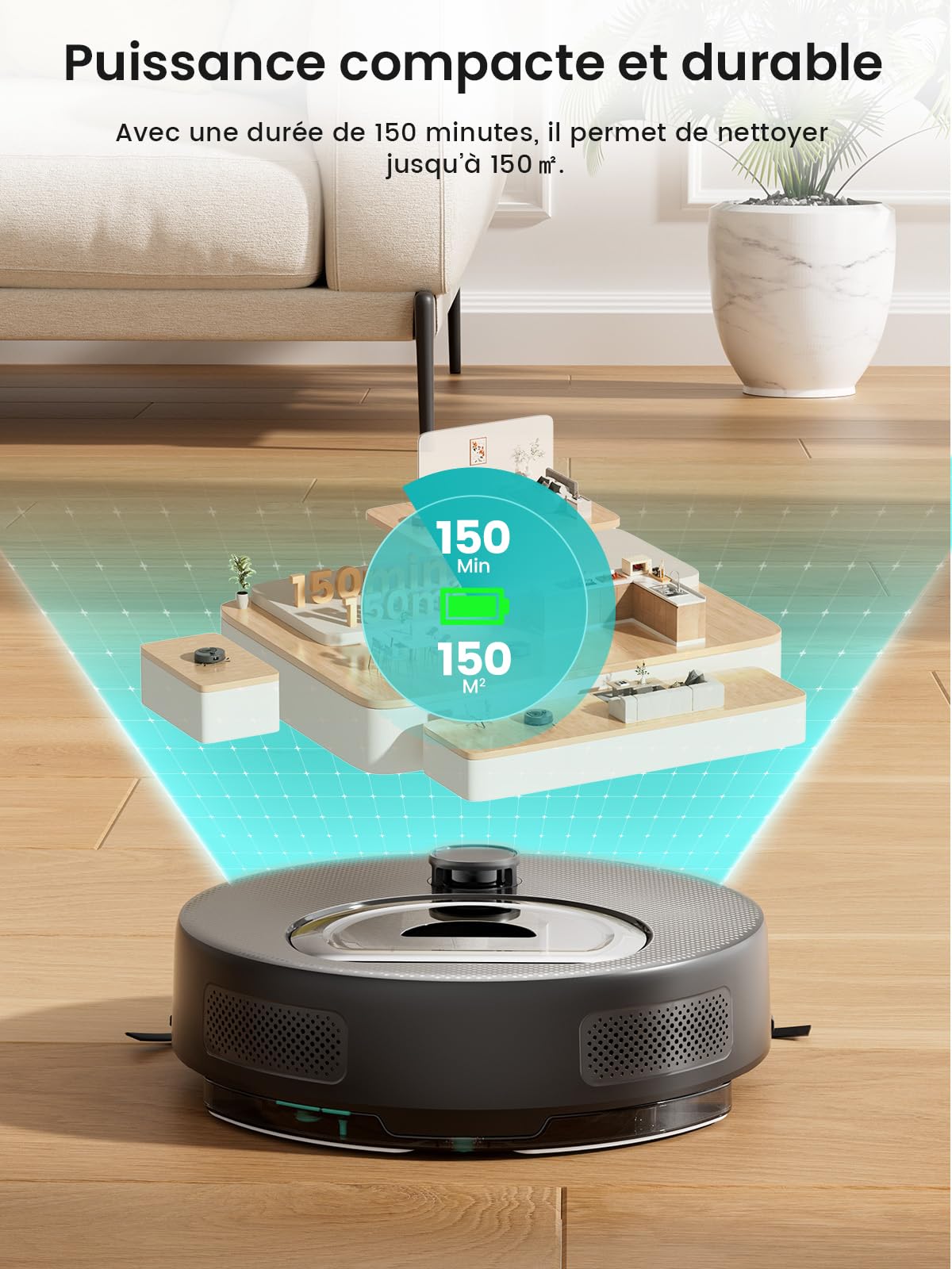 Robot aspirateur laveur serpillière 3 en 1 5000Pa anti-emmêlement